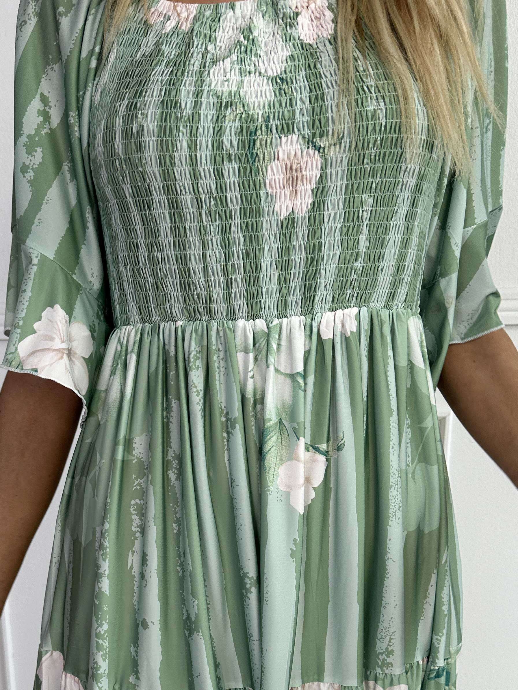 Elna Floral Stripe Short - Blomstret elastisk kjole med smock over brystet