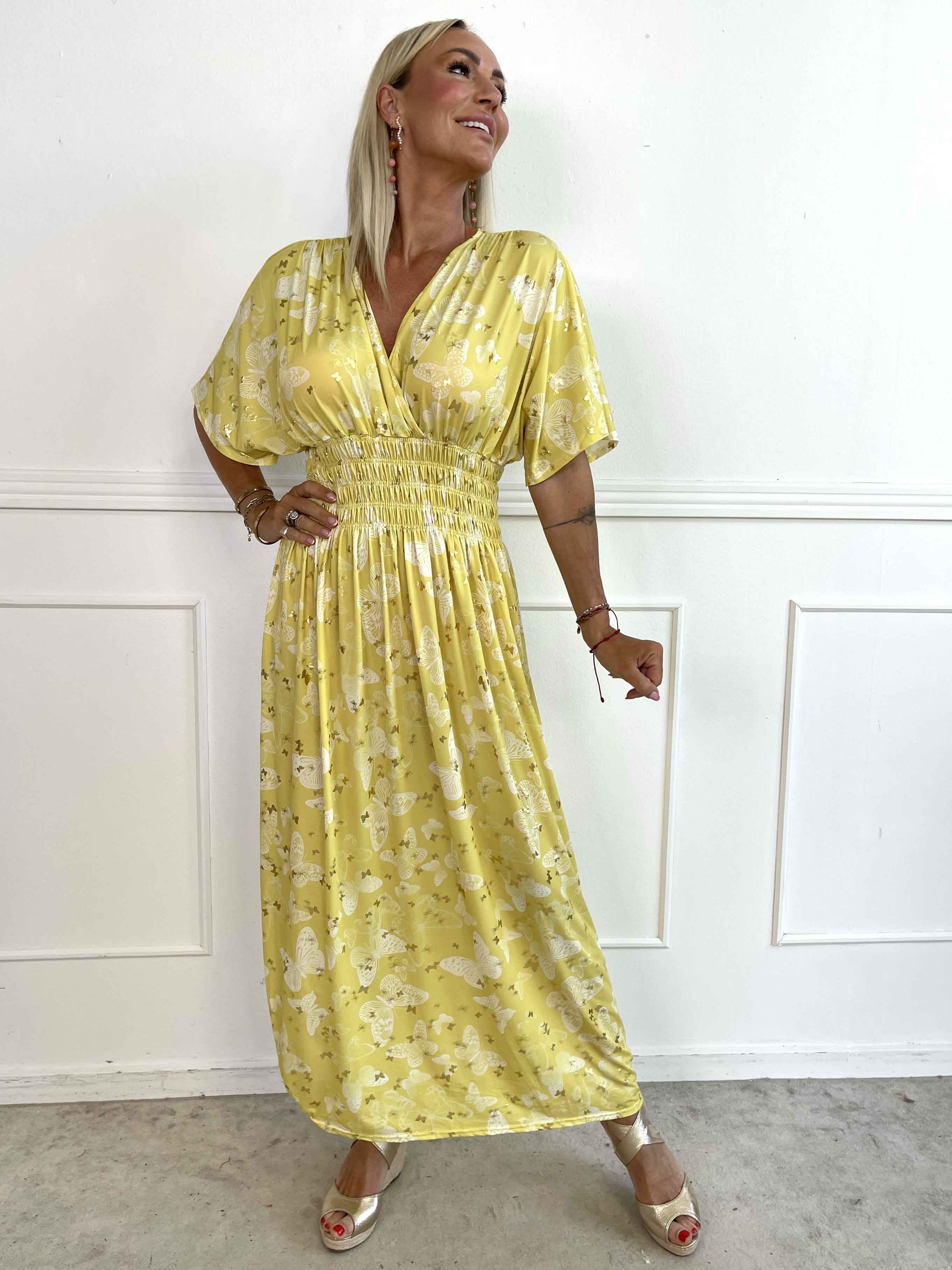 Pams Butterfly - Lang elastisk kjole med smock i livet