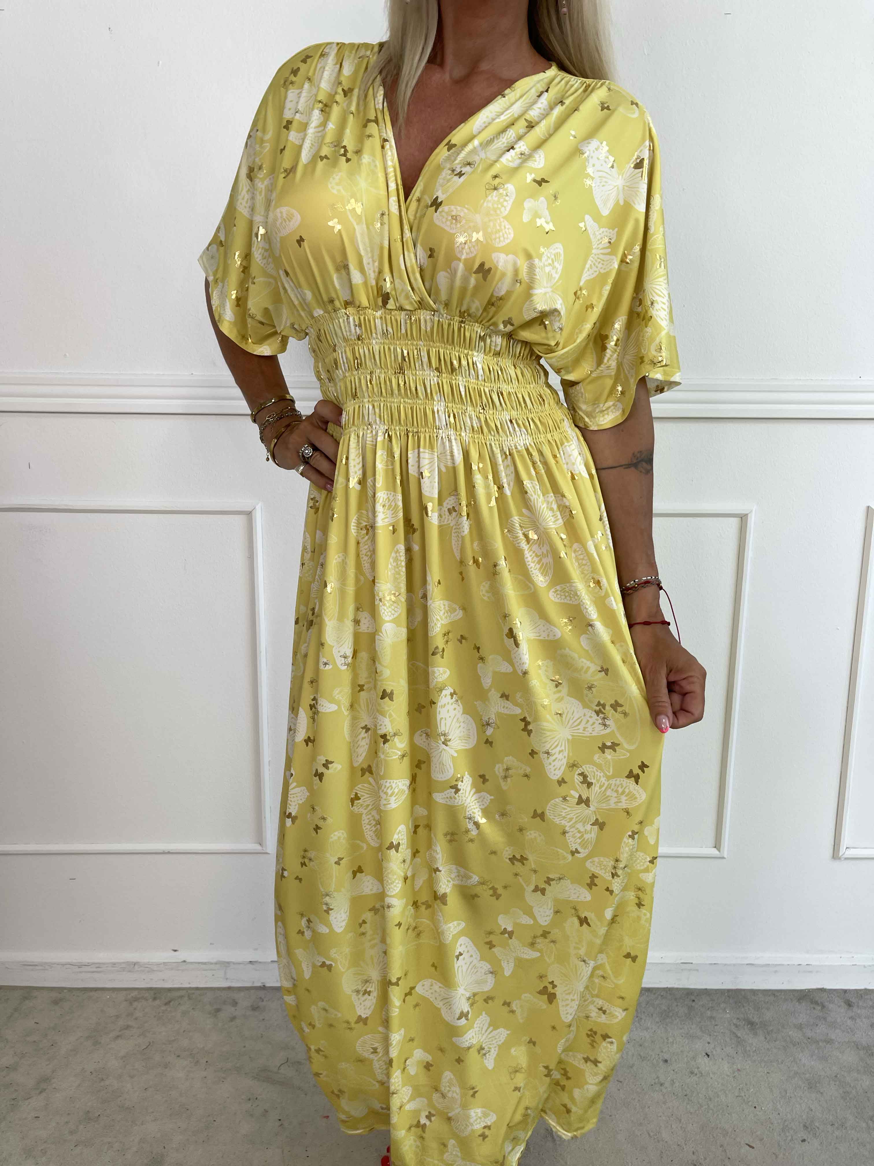 Pams Butterfly - Lang elastisk kjole med smock i livet