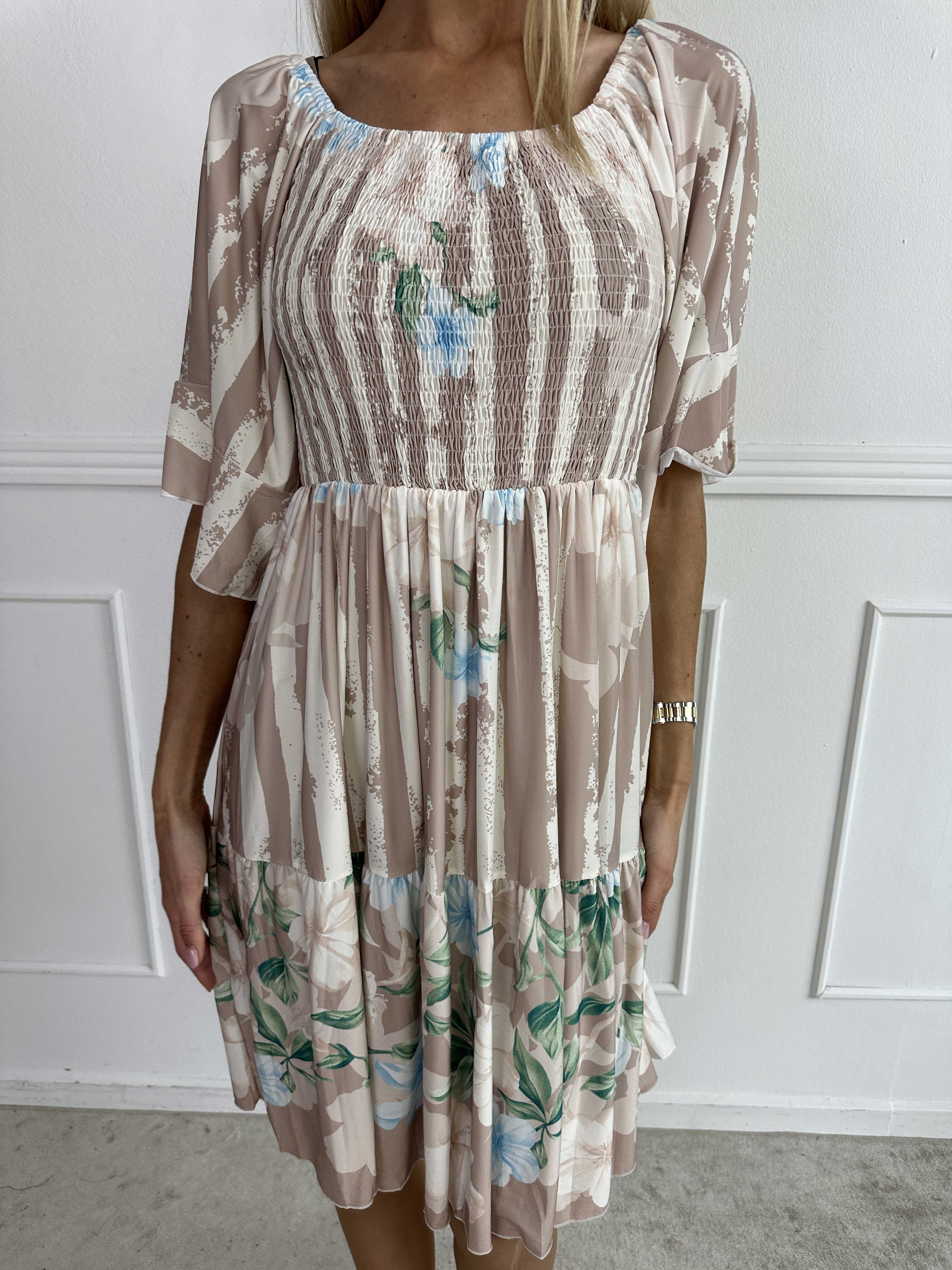 Elna Floral Stripe Short - Blomstret elastisk kjole med smock over brystet