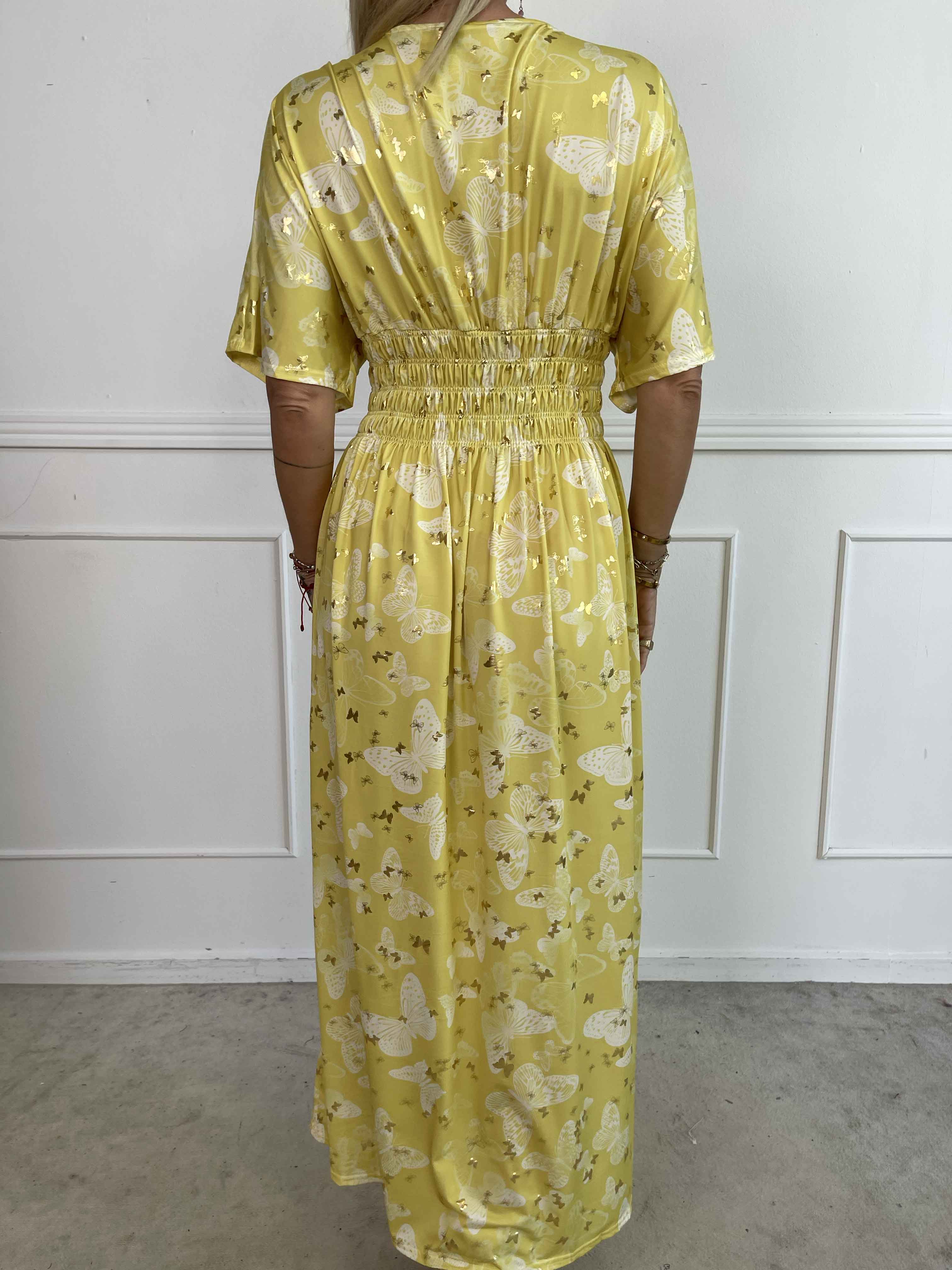 Pams Butterfly - Lang elastisk kjole med smock i livet