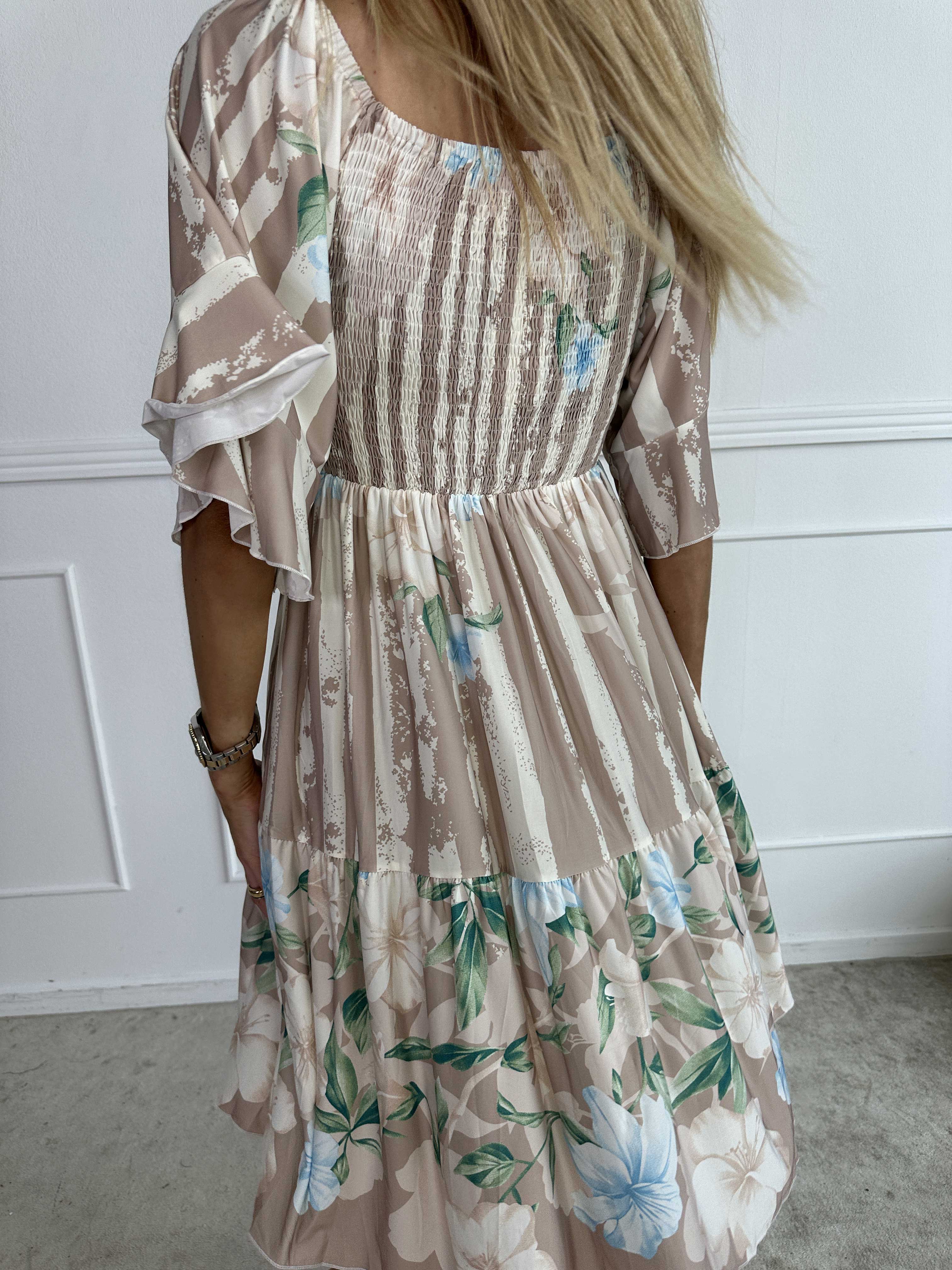 Elna Floral Stripe Short - Blomstret elastisk kjole med smock over brystet