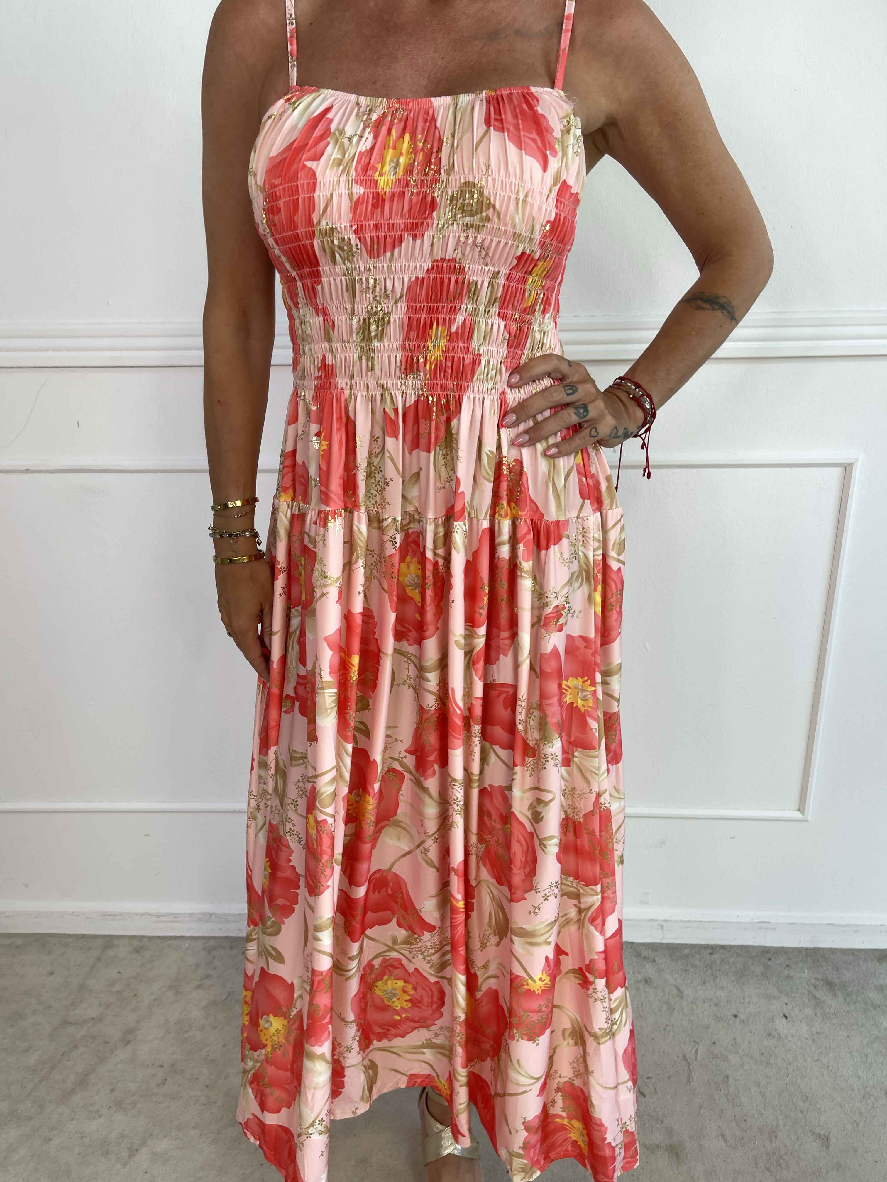 Maira Botanic - Sød elastisk stropkjole med blomsterprint og smock