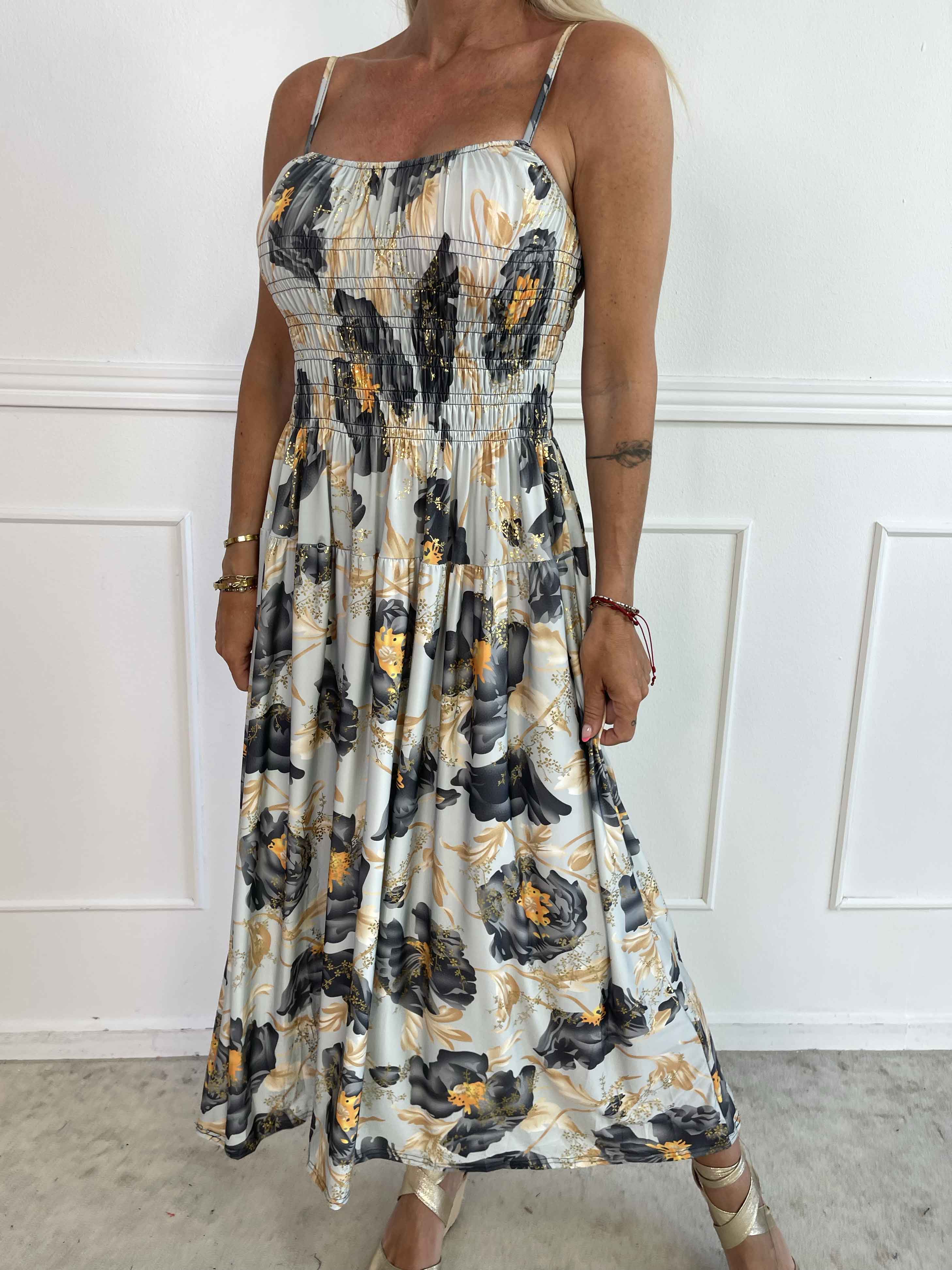 Maira Botanic - Sød elastisk stropkjole med blomsterprint og smock