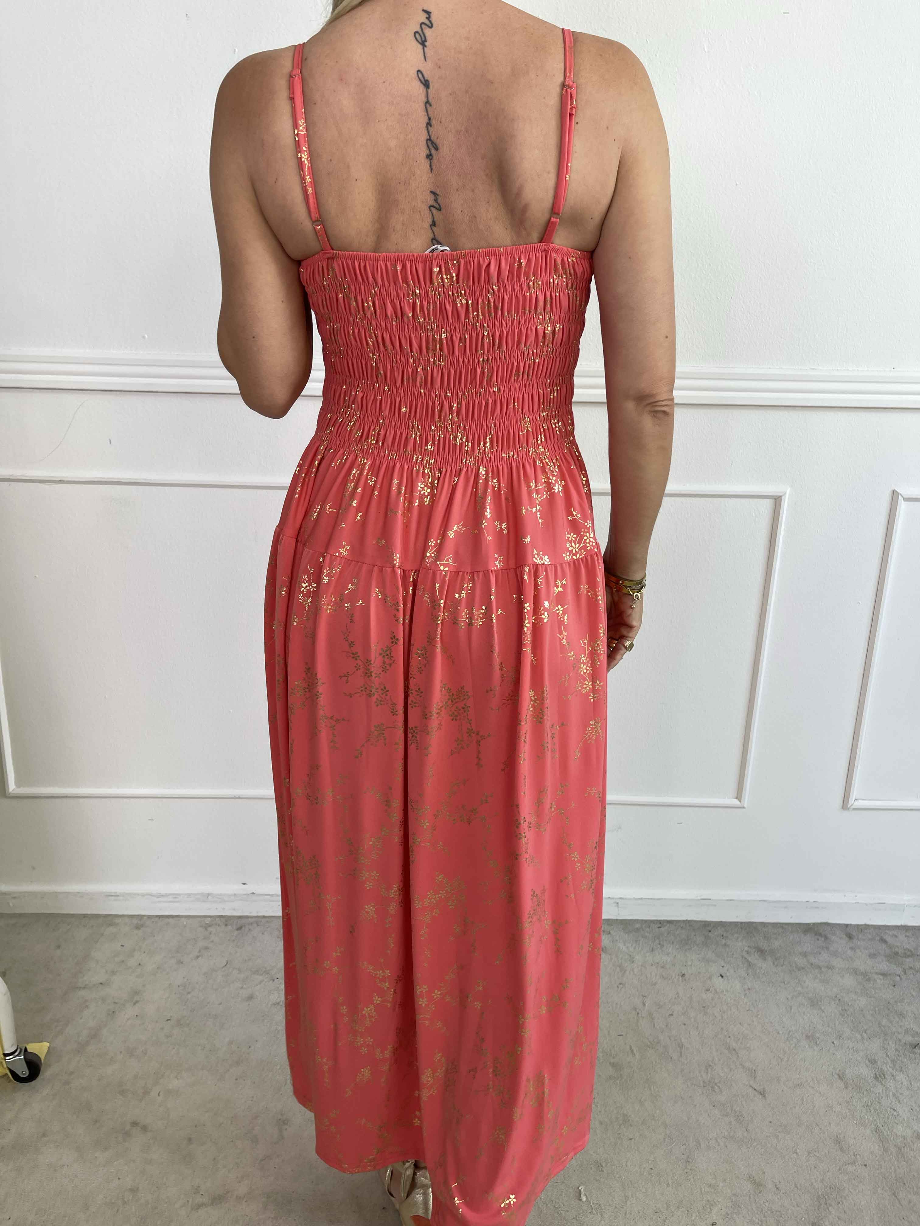 Maira Gold - Sød elastisk stropkjole med guld print og smock