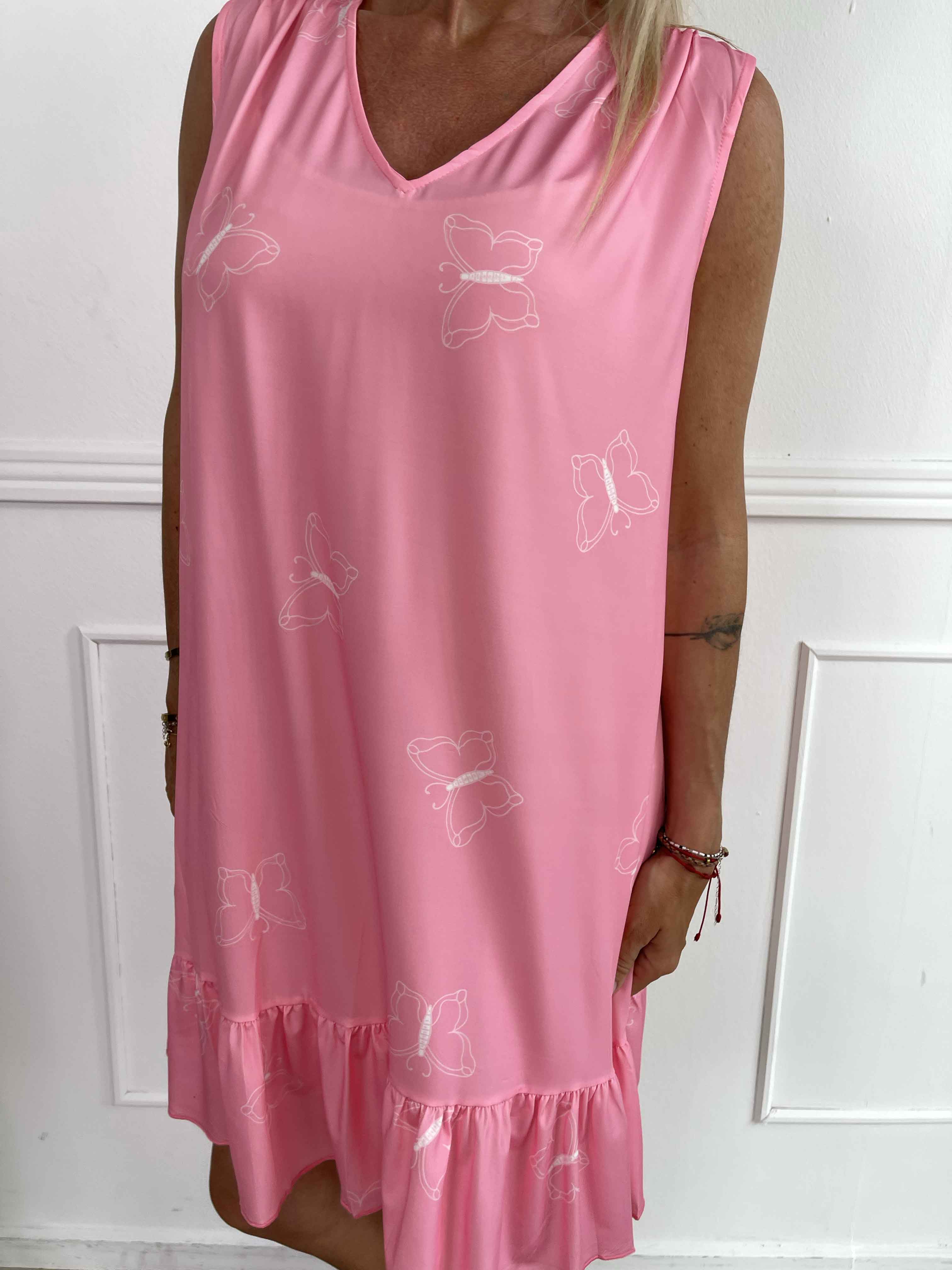 Aurelia - Sommerkjole med sommerfugleprint og flæsekant