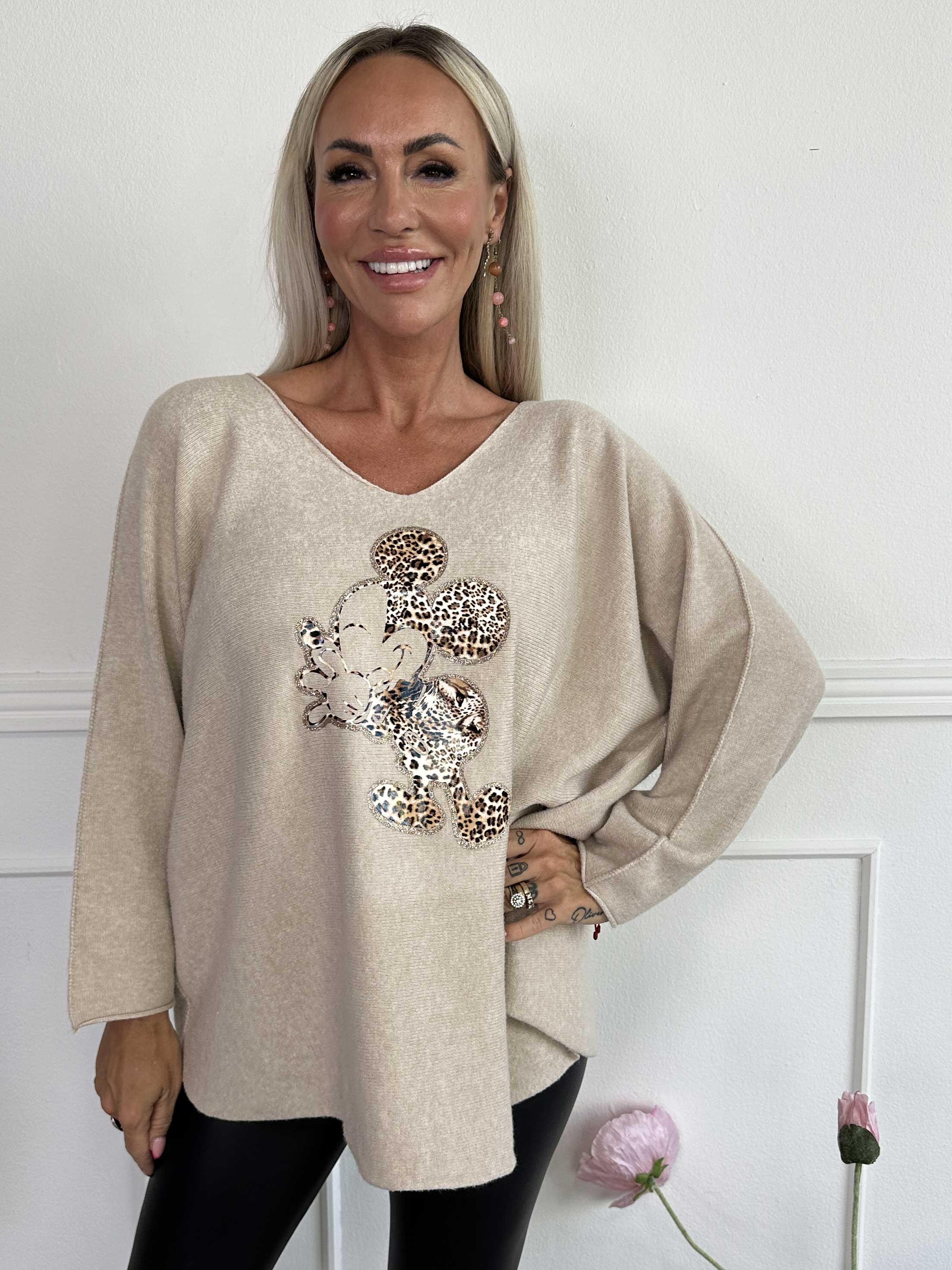 Mouse - Blød strikbluse med mickey tryk i leo