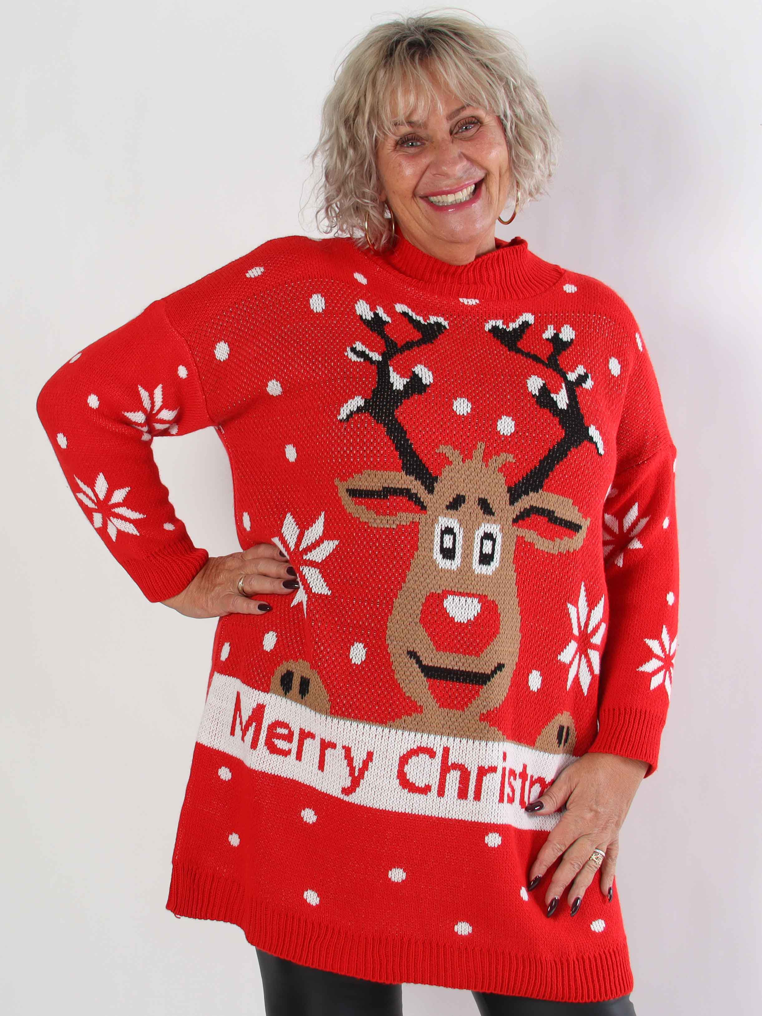 Rudy - Plus size julestrikkjole med rudolf på maven