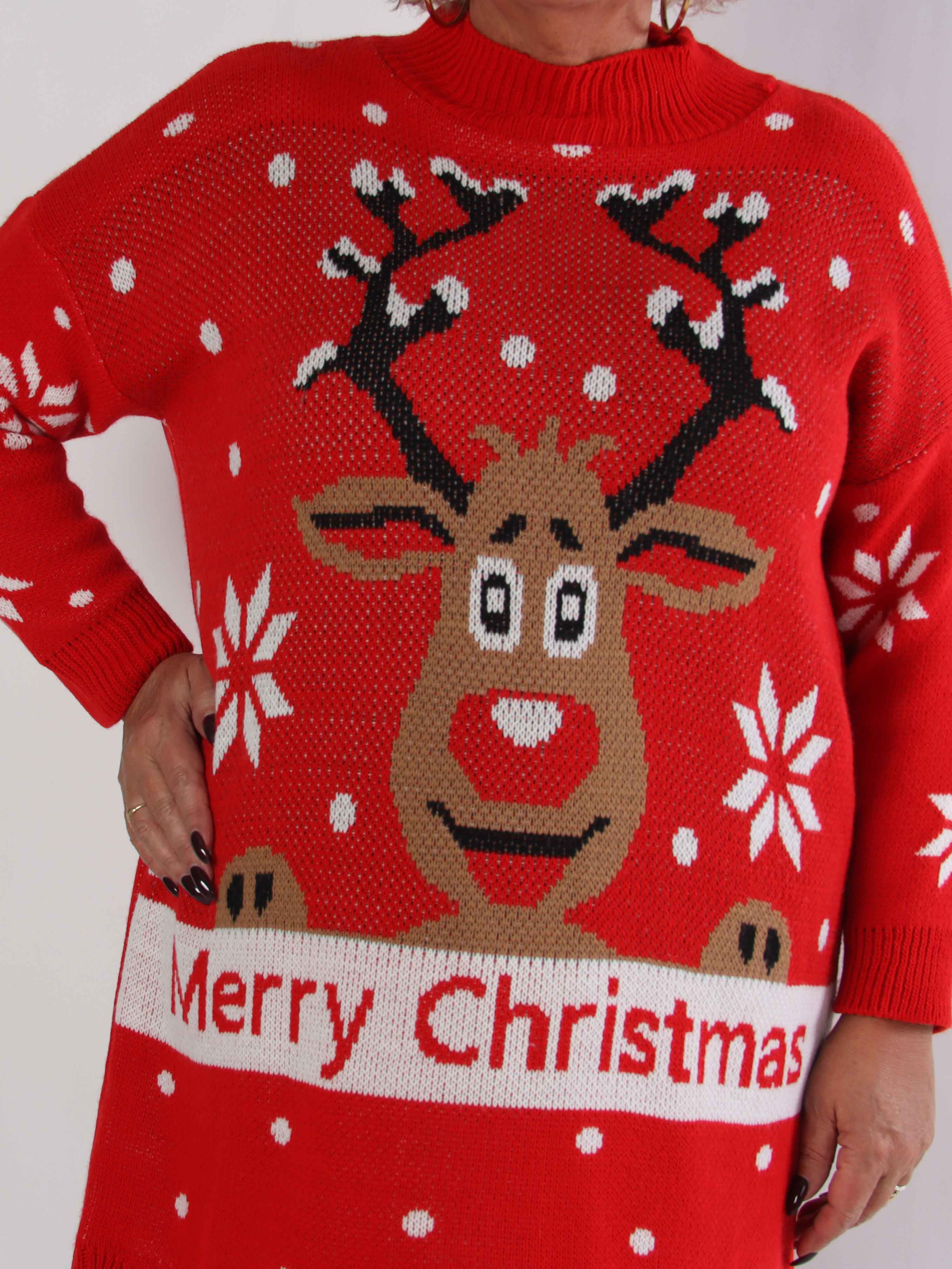 Rudy - Plus size julestrikkjole med rudolf på maven