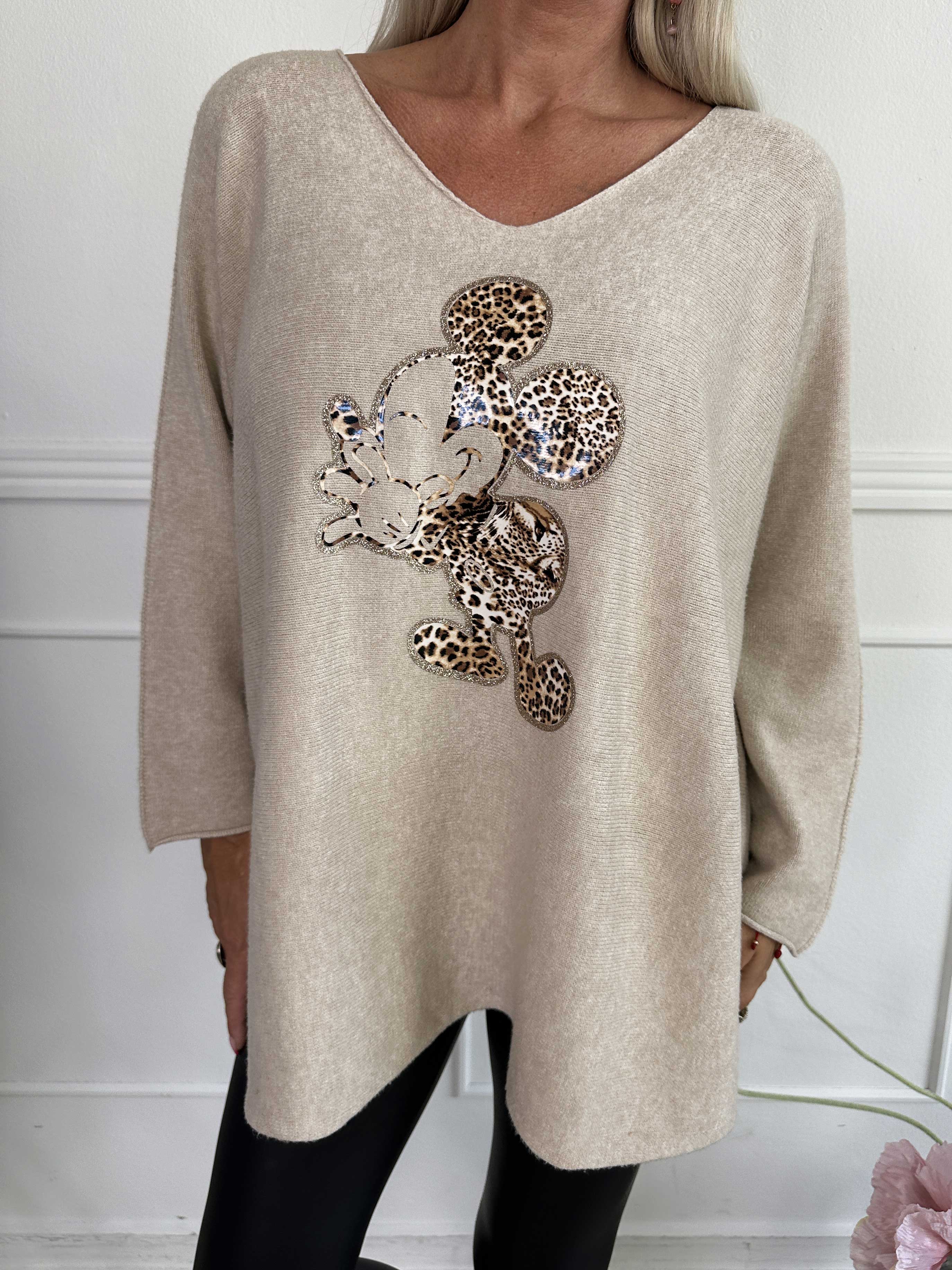 Mouse - Blød strikbluse med mickey tryk i leo