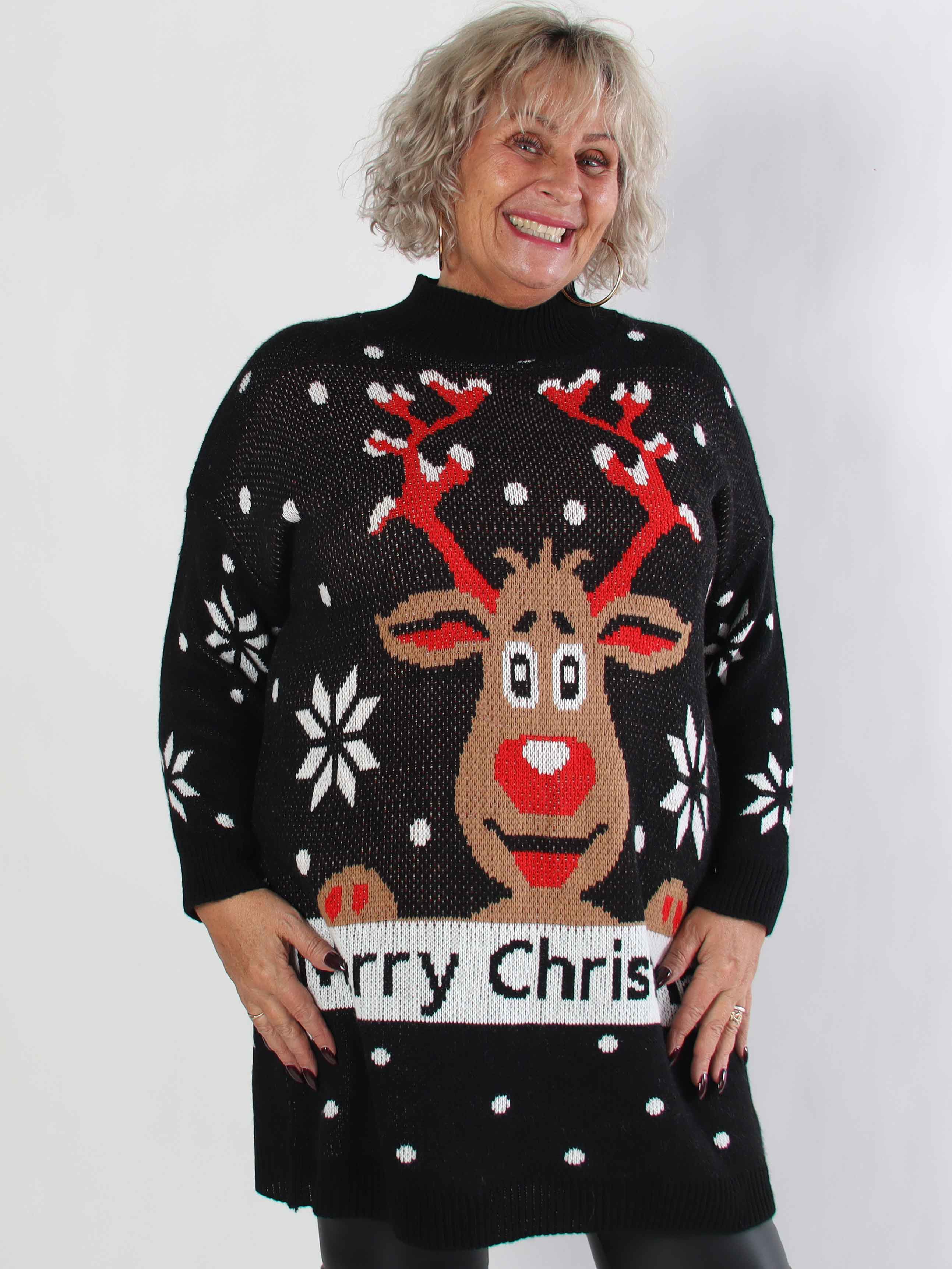 Rudy - Plus size julestrikkjole med rudolf på maven
