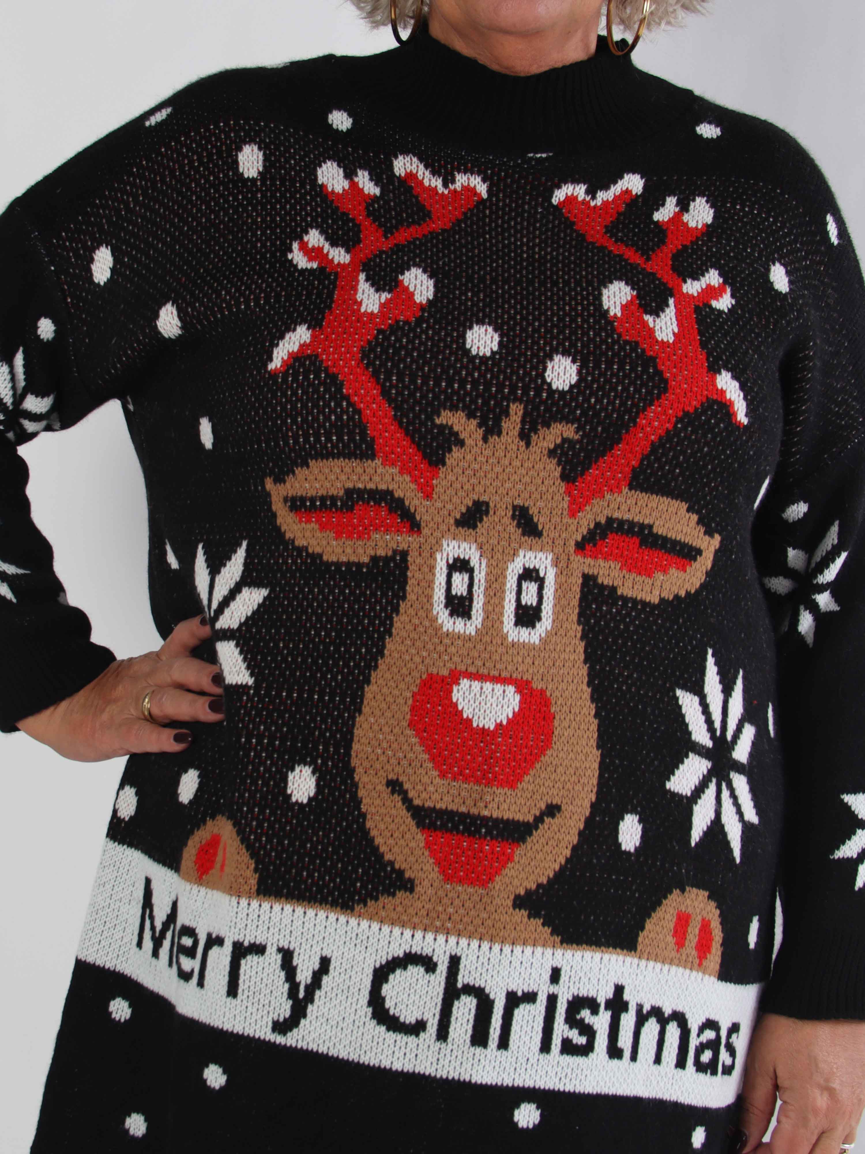 Rudy - Plus size julestrikkjole med rudolf på maven