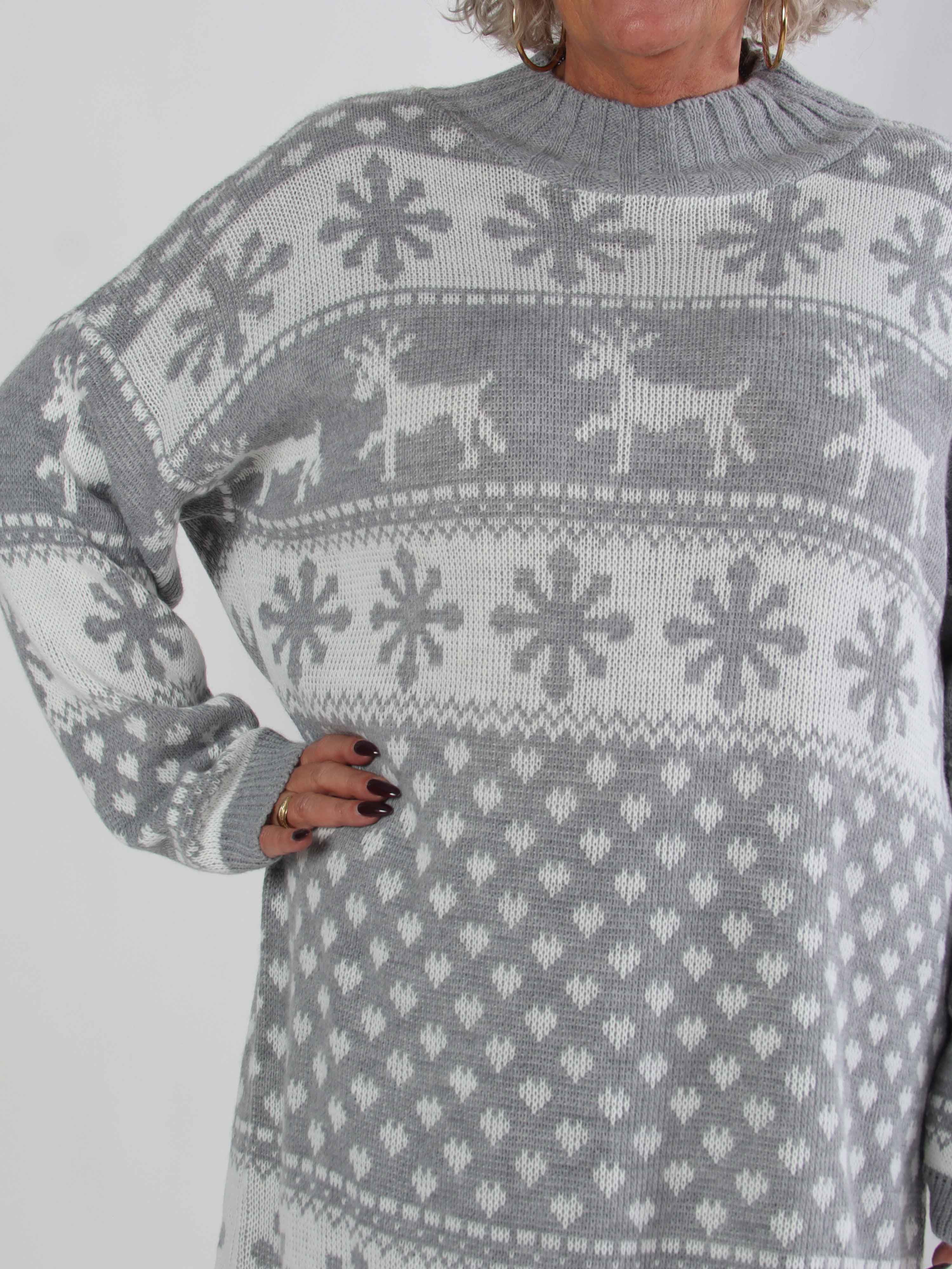 Elza - Plus size julestrikkjole med rensdyr og snefnug