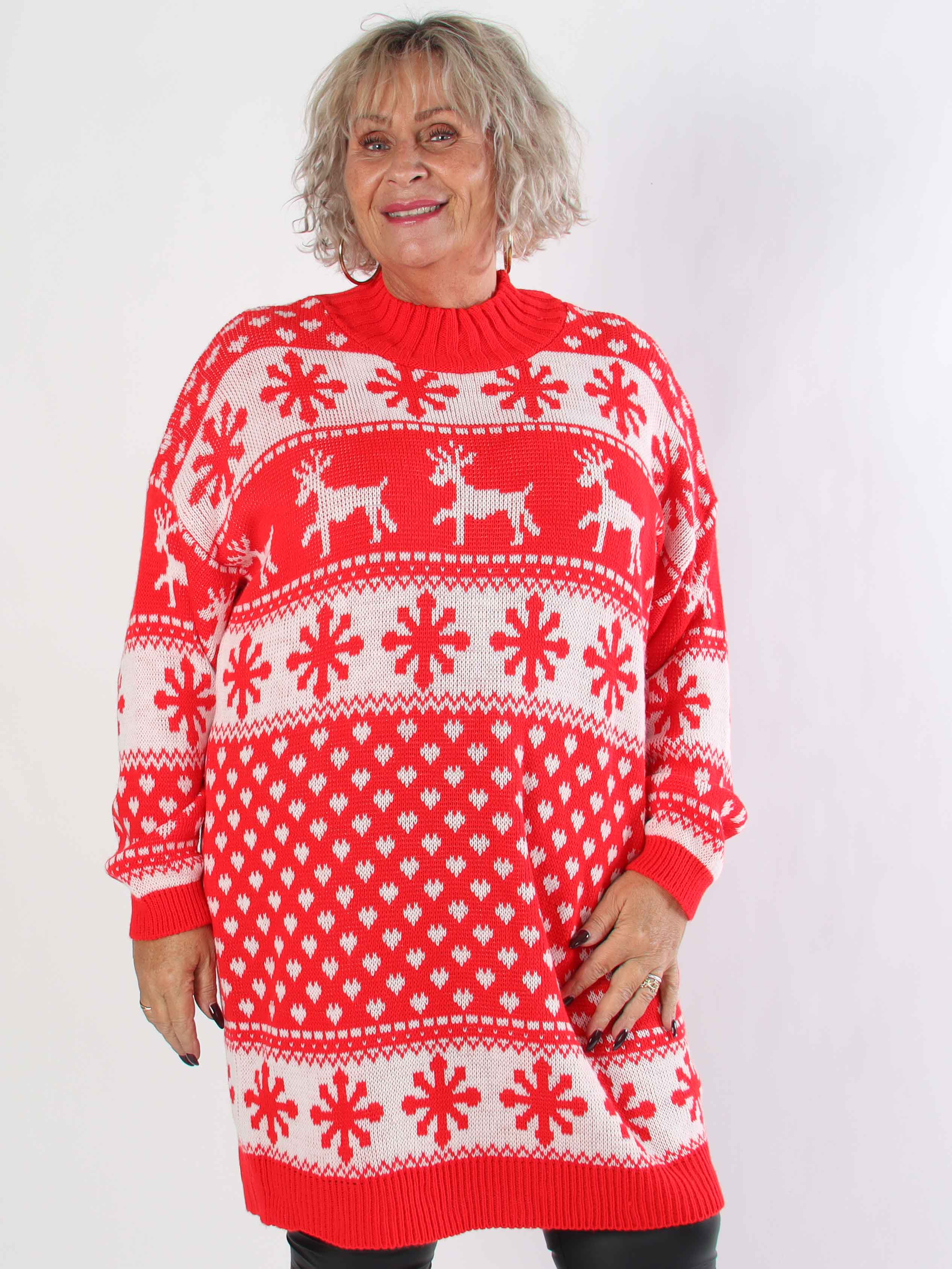 Elza - Plus size julestrikkjole med rensdyr og snefnug