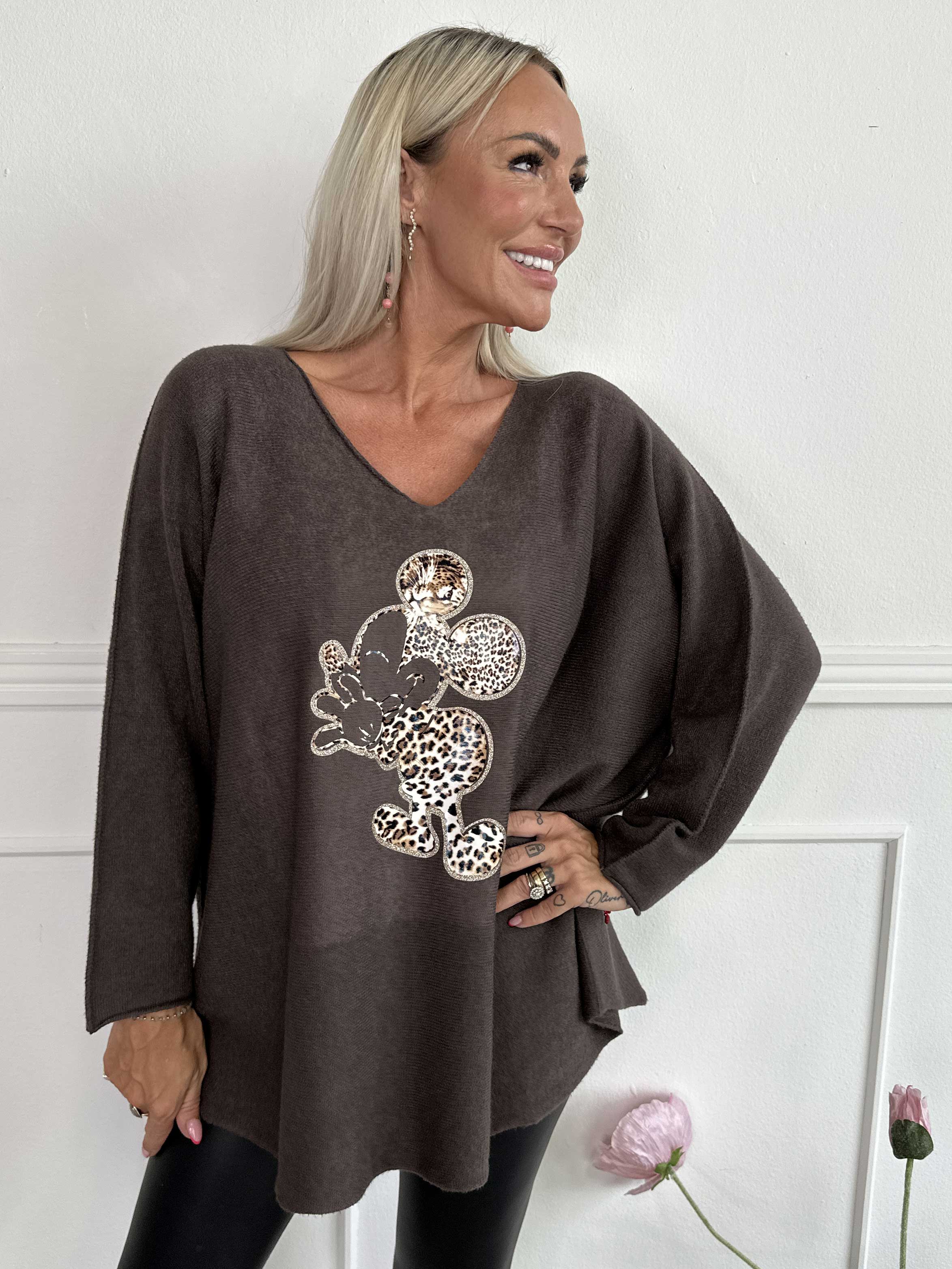 Mouse - Blød strikbluse med mickey tryk i leo