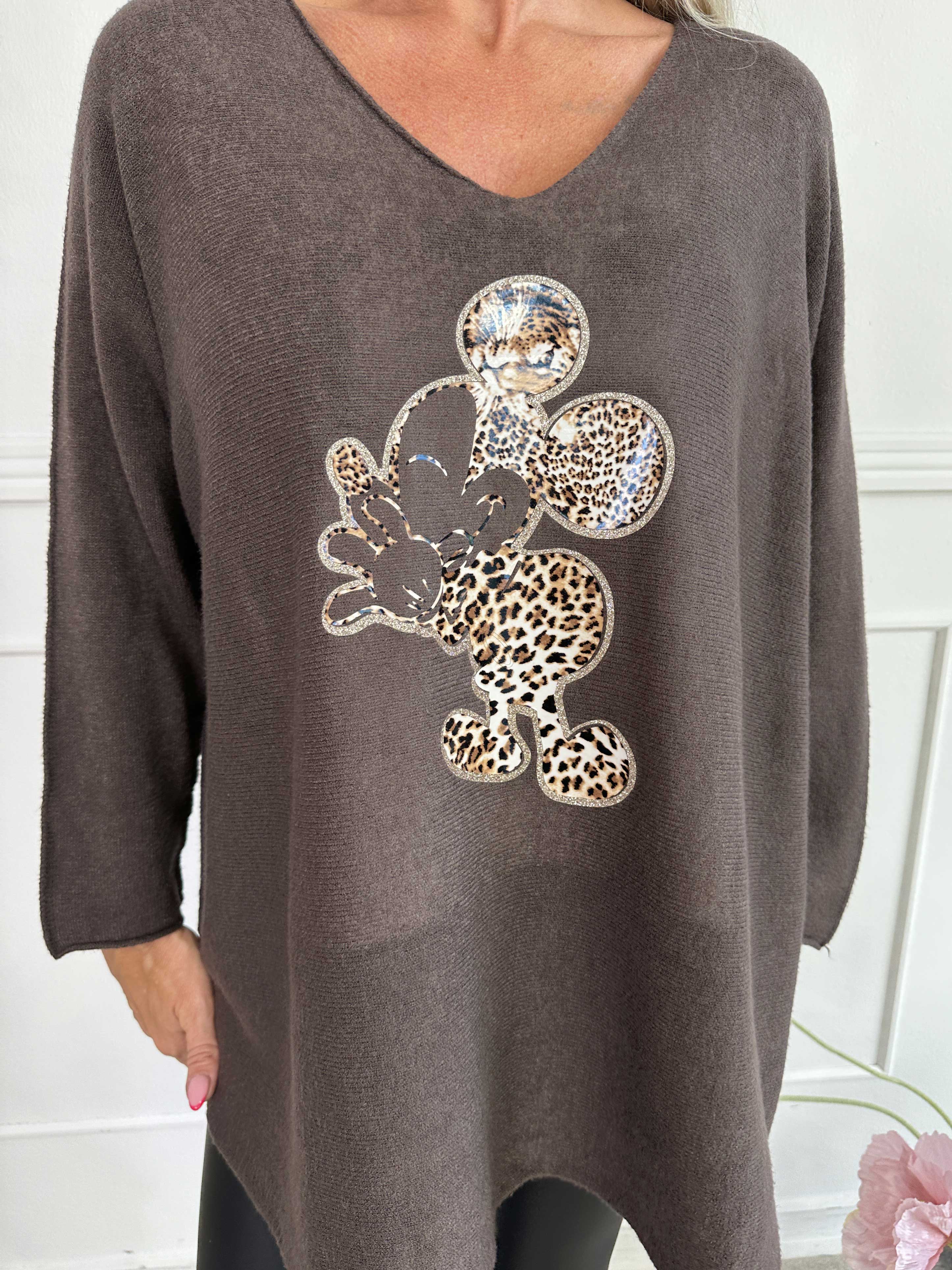 Mouse - Blød strikbluse med mickey tryk i leo