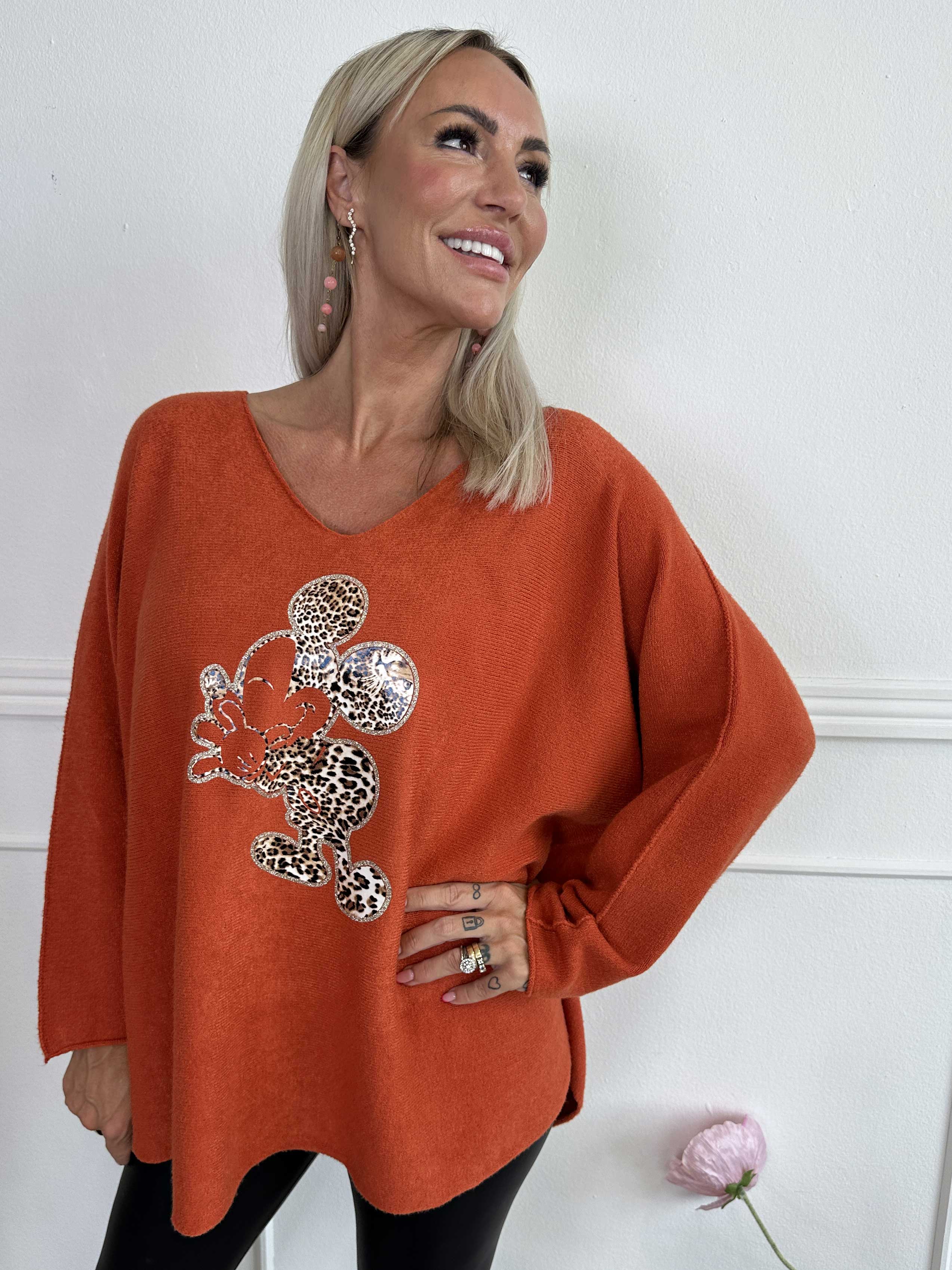 Mouse - Blød strikbluse med mickey tryk i leo