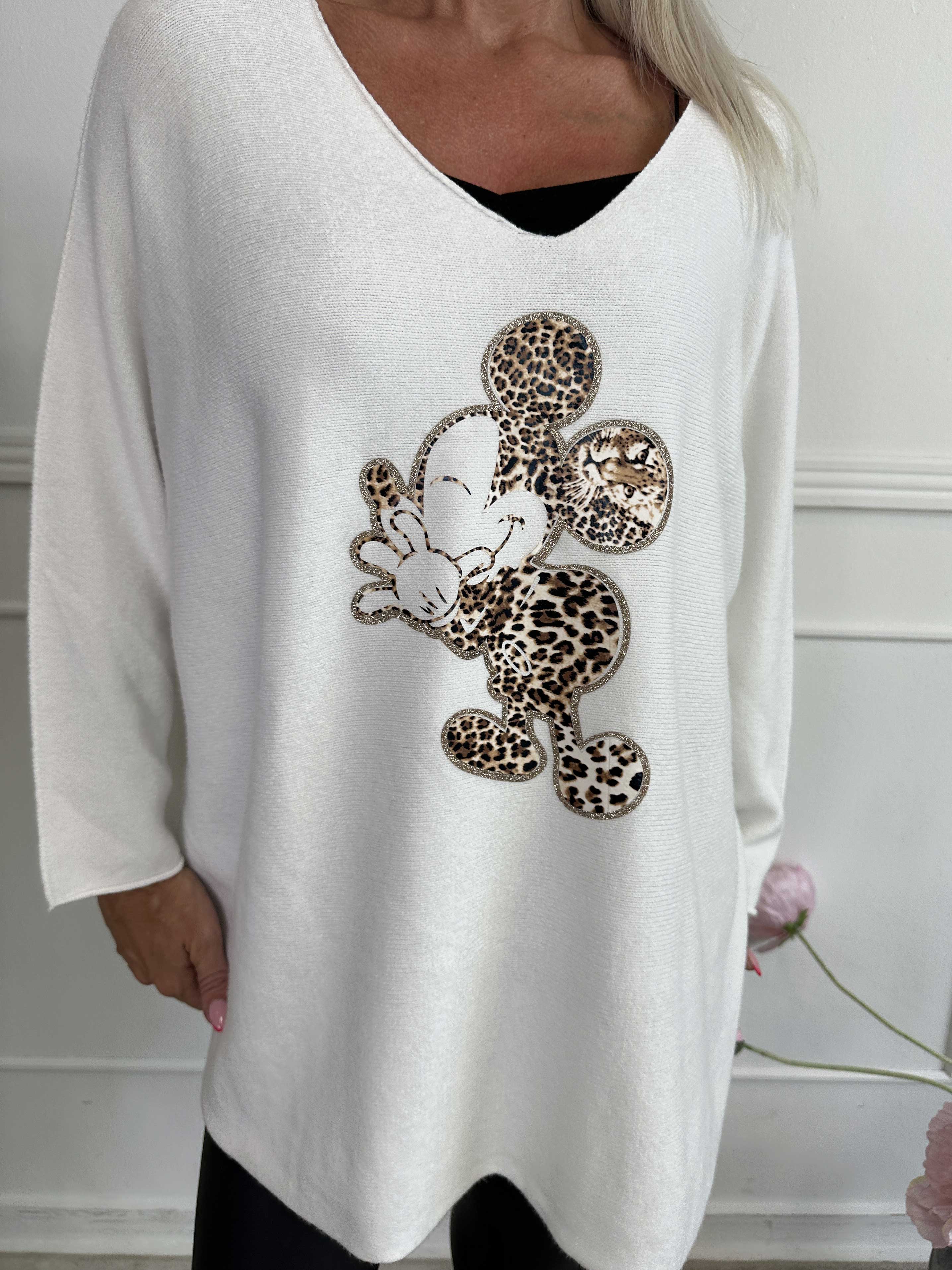 Mouse - Blød strikbluse med mickey tryk i leo