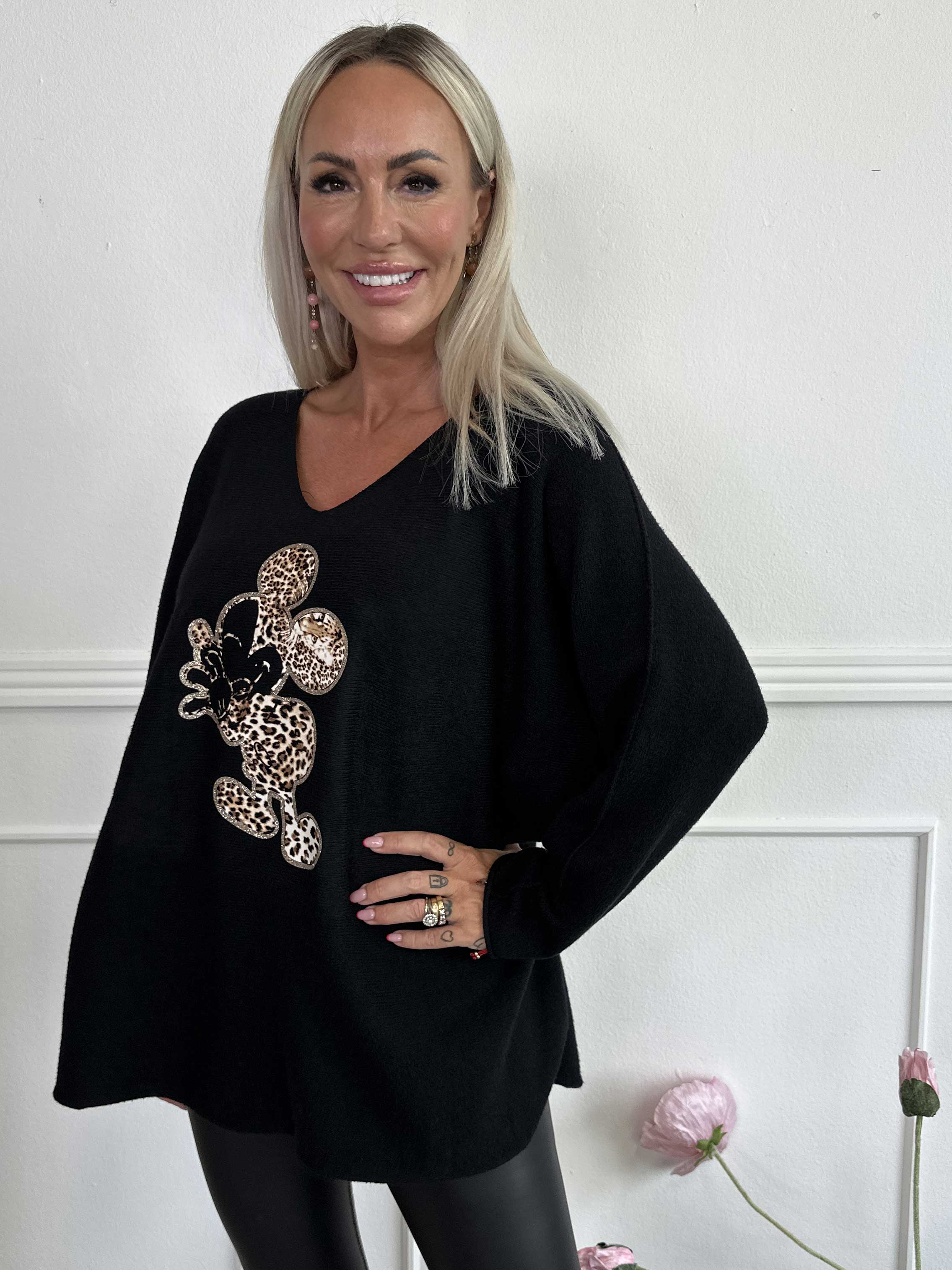 Mouse - Blød strikbluse med mickey tryk i leo