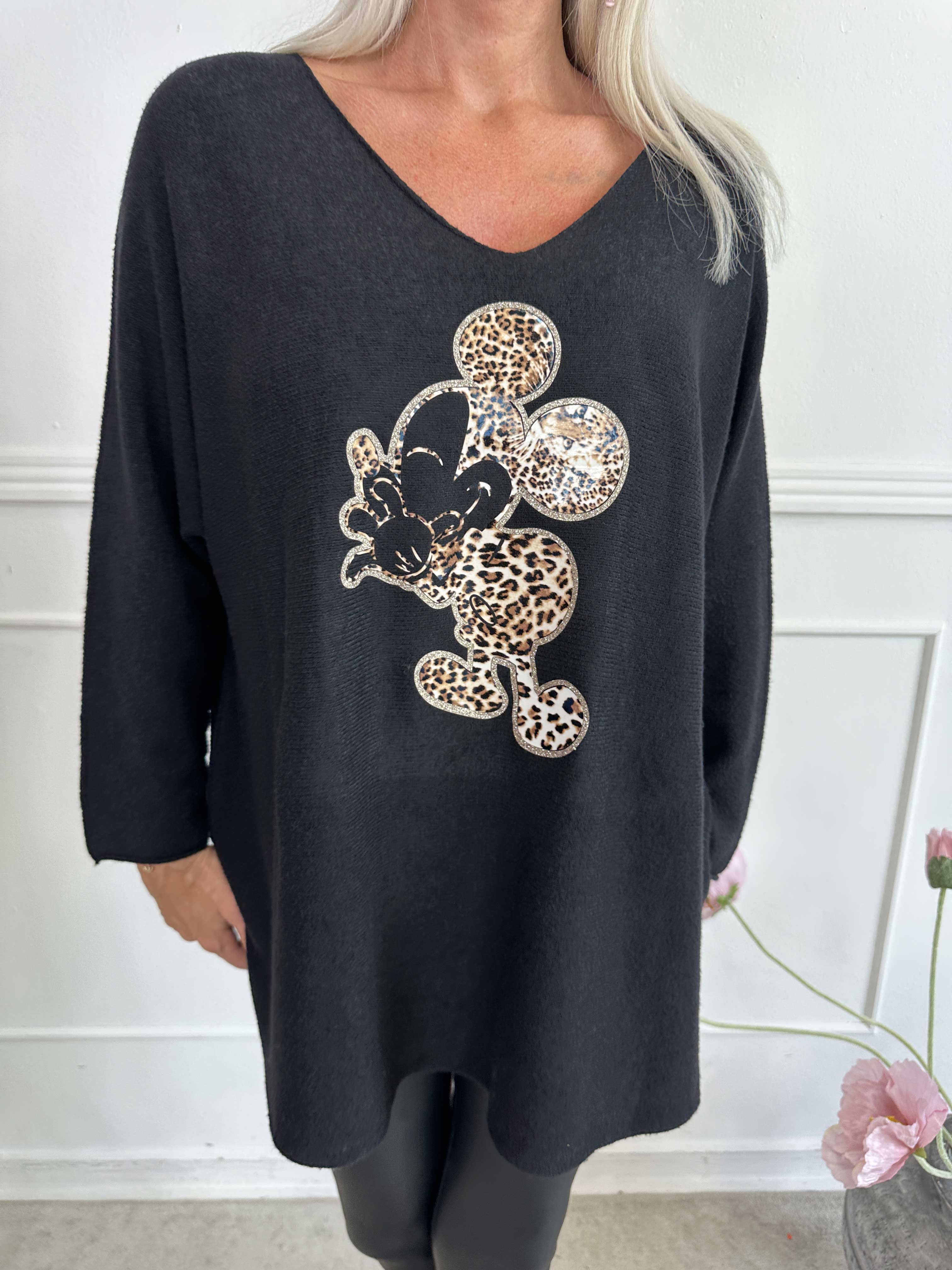 Mouse - Blød strikbluse med mickey tryk i leo