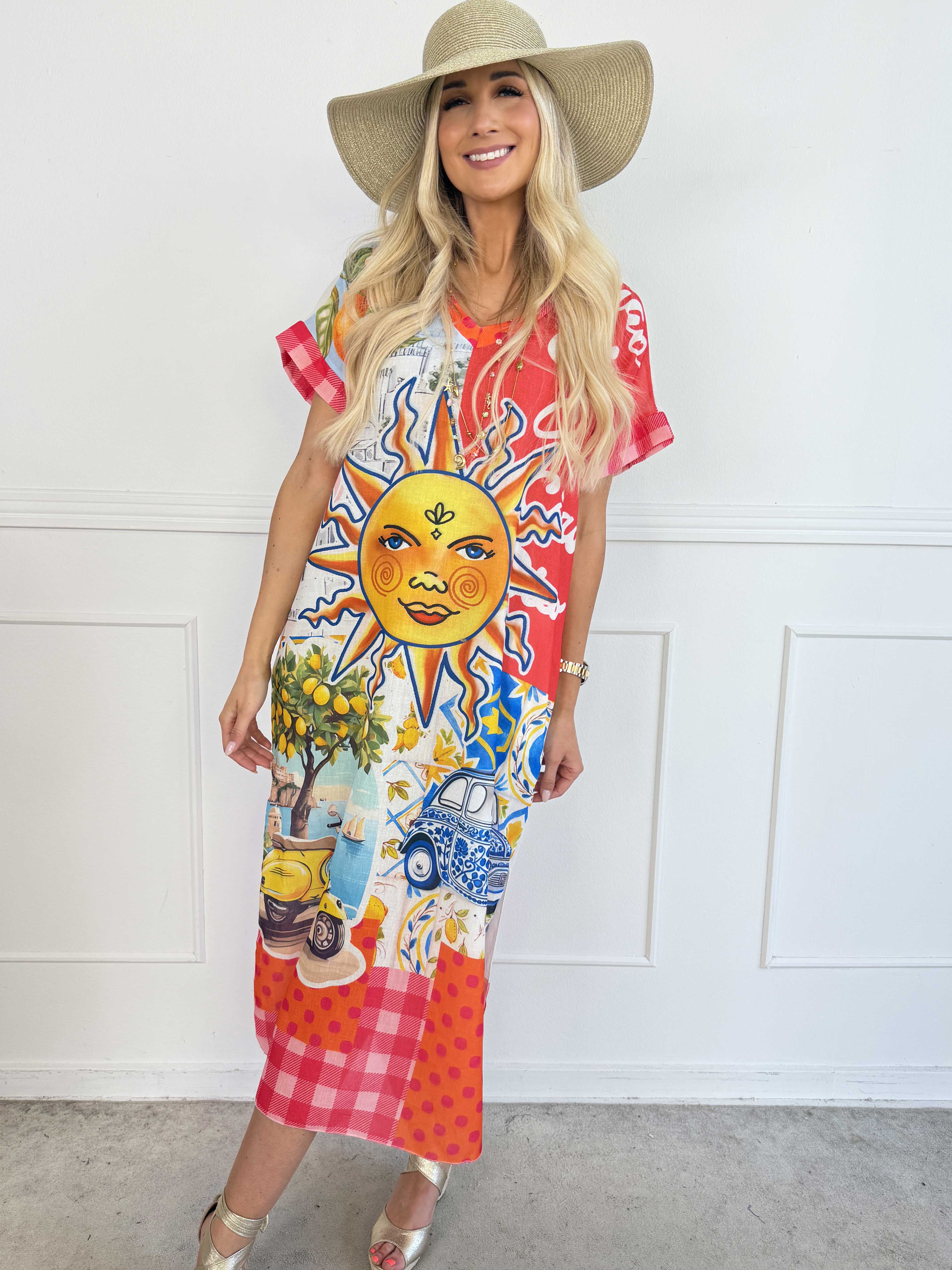 Katherine - Skøn lang kjole med et charmerende italiensk inspireret print