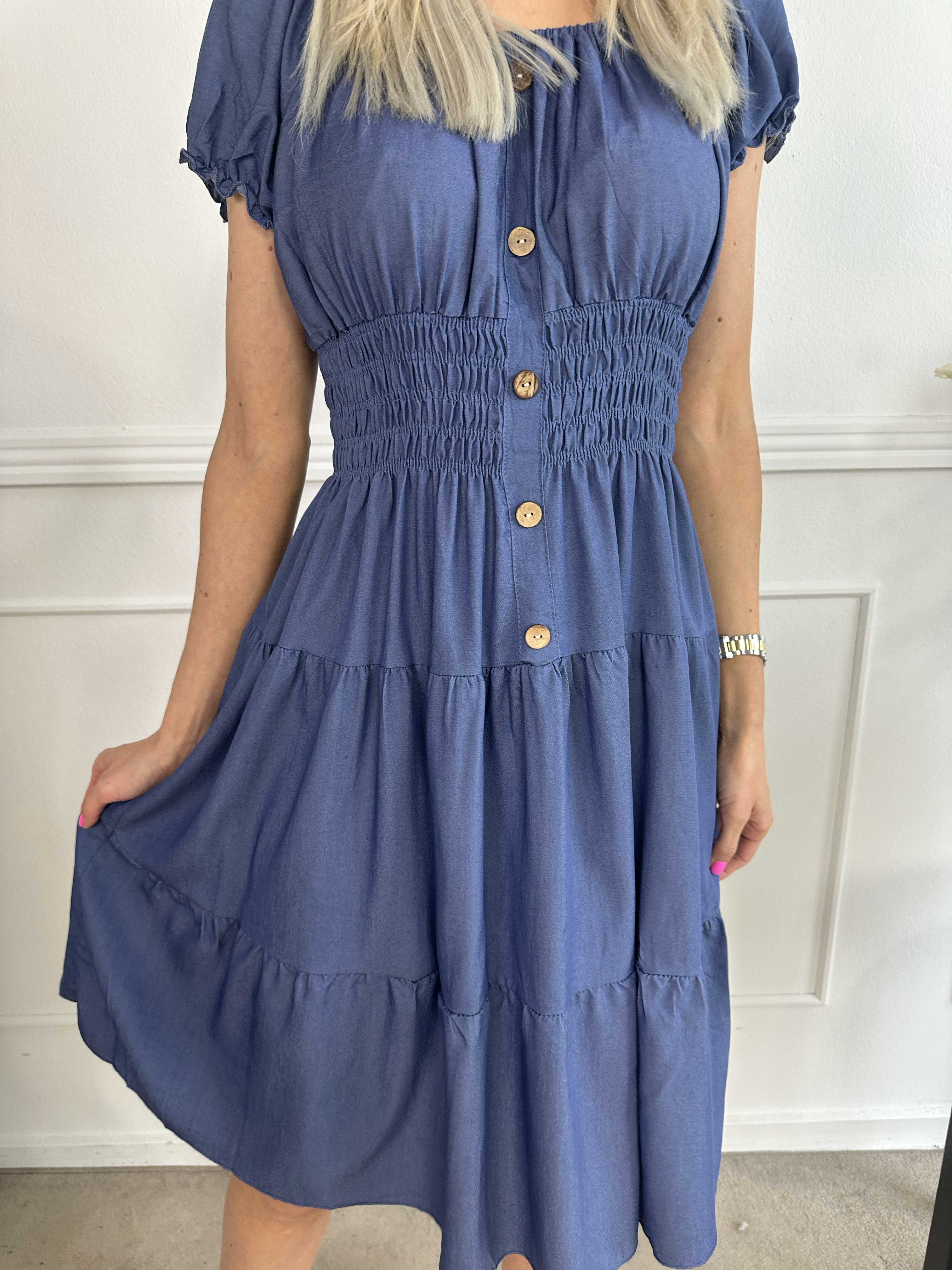 Alexina Short - Kort kjole i denimlook med elastik i taljen