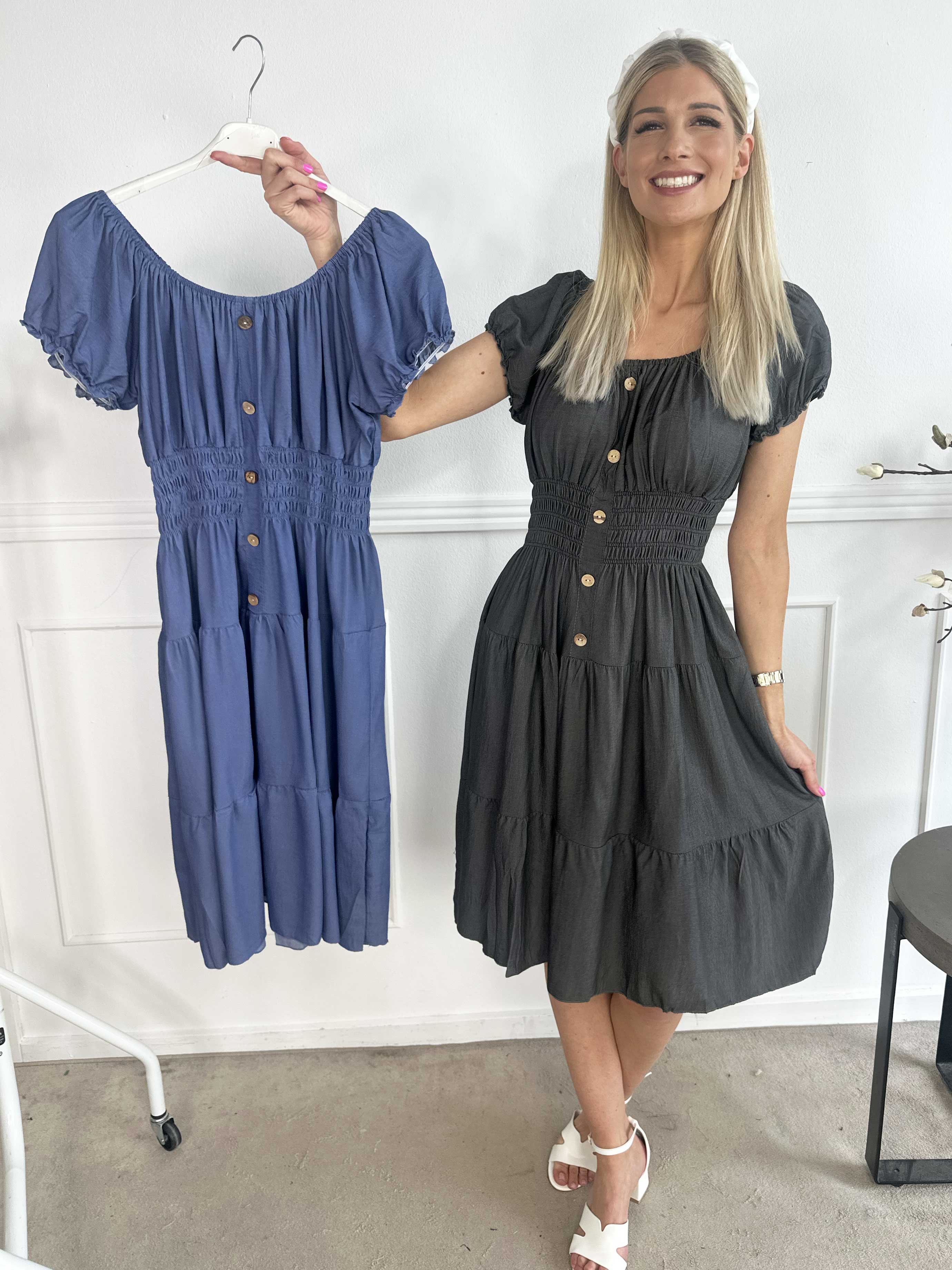 Alexina Short - Kort kjole i denimlook med elastik i taljen