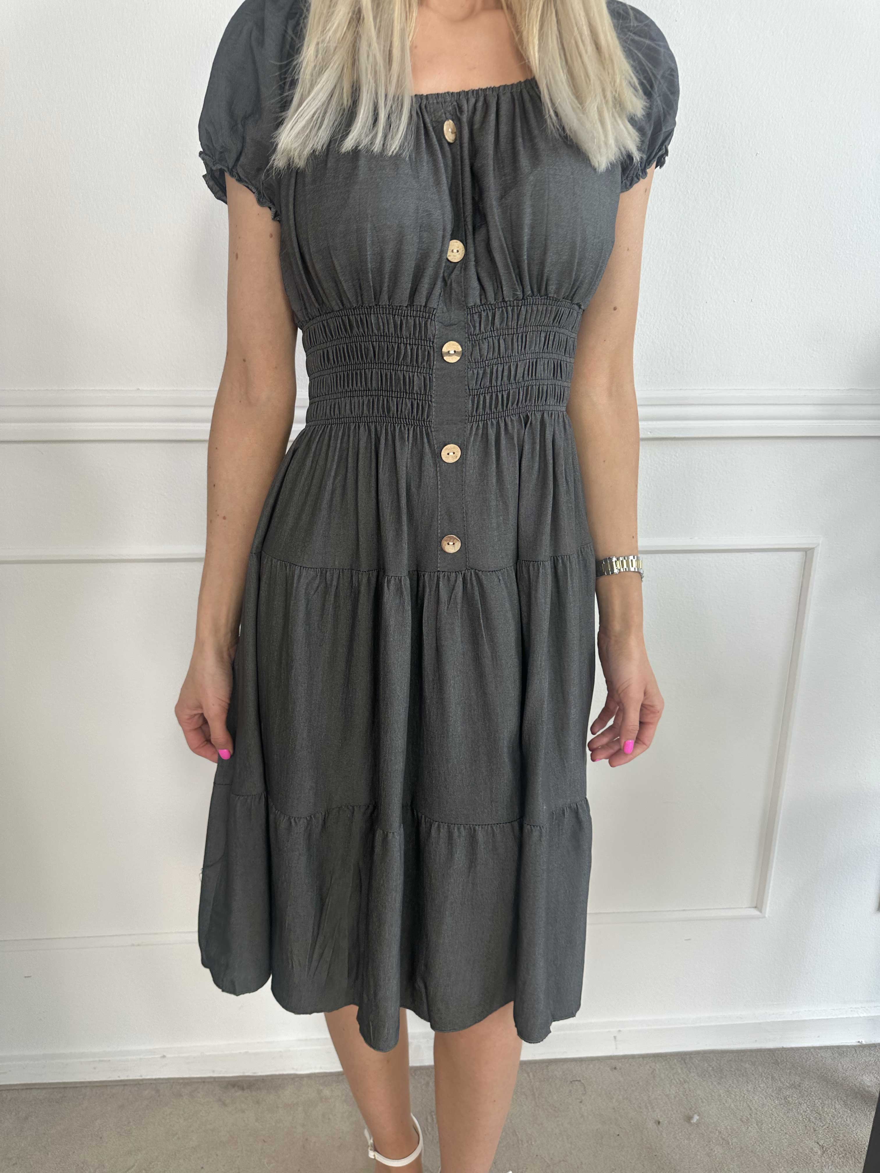 Alexina Short - Kort kjole i denimlook med elastik i taljen