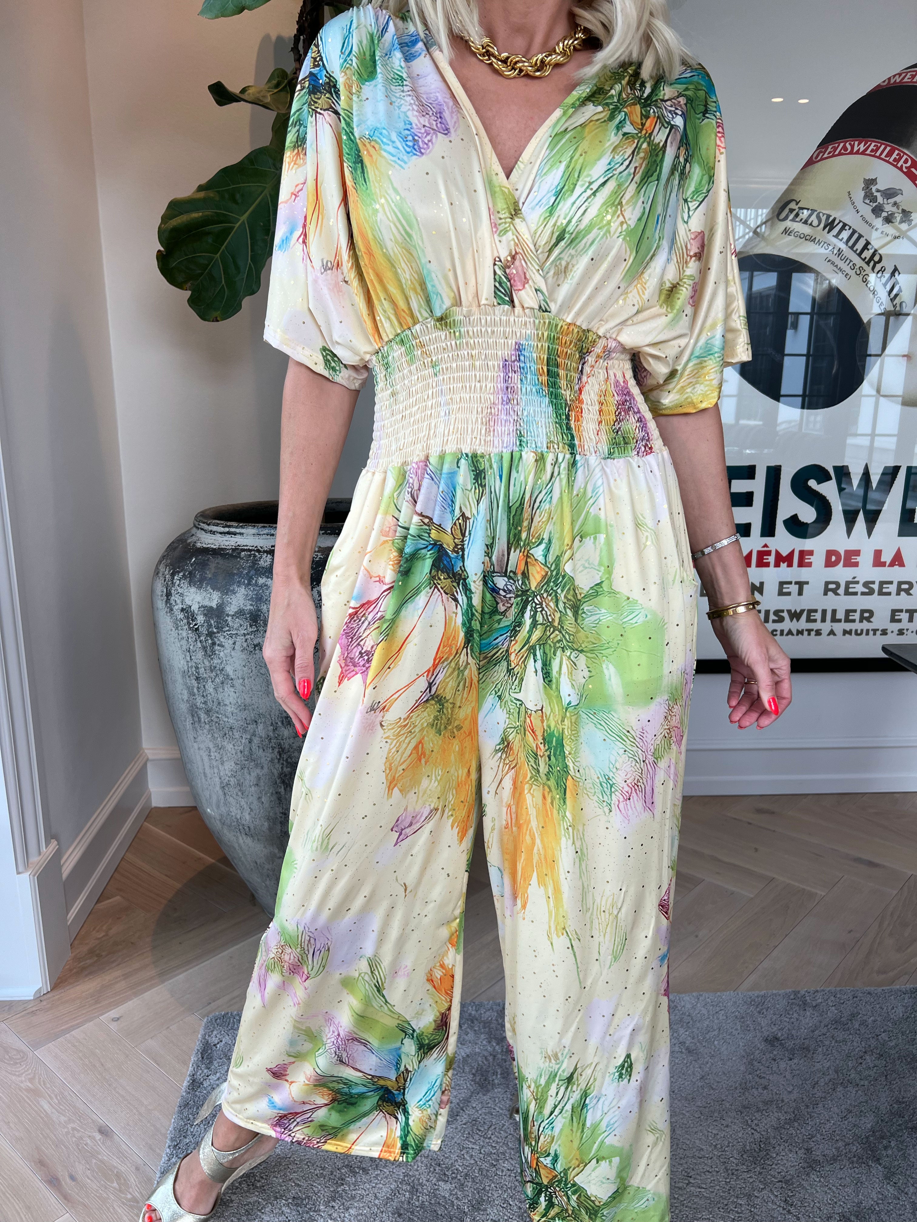 Pams Print Jumpsuit - Elastisk mønstret buksedragt med guld støv