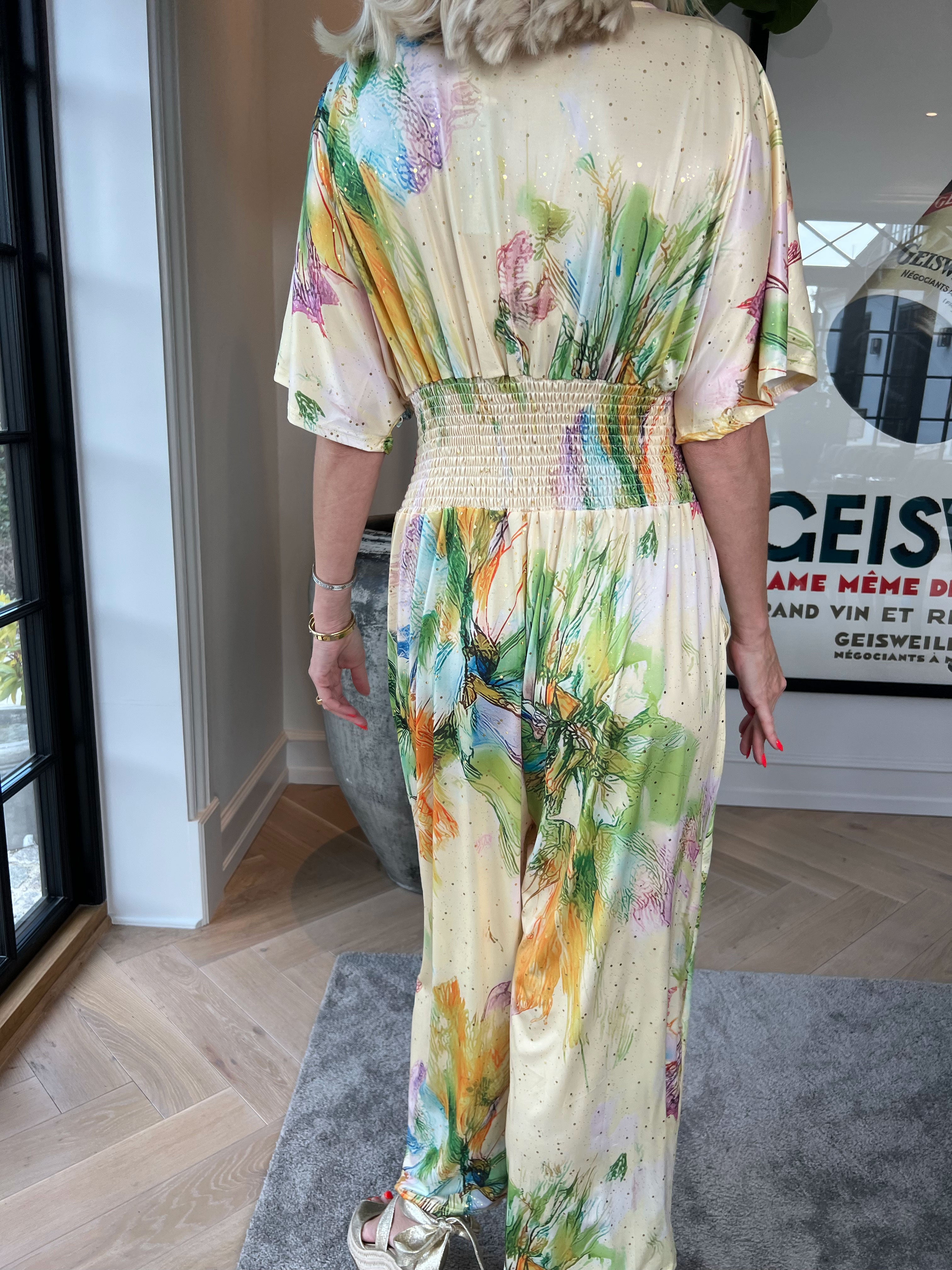 Pams Print Jumpsuit - Elastisk mønstret buksedragt med guld støv