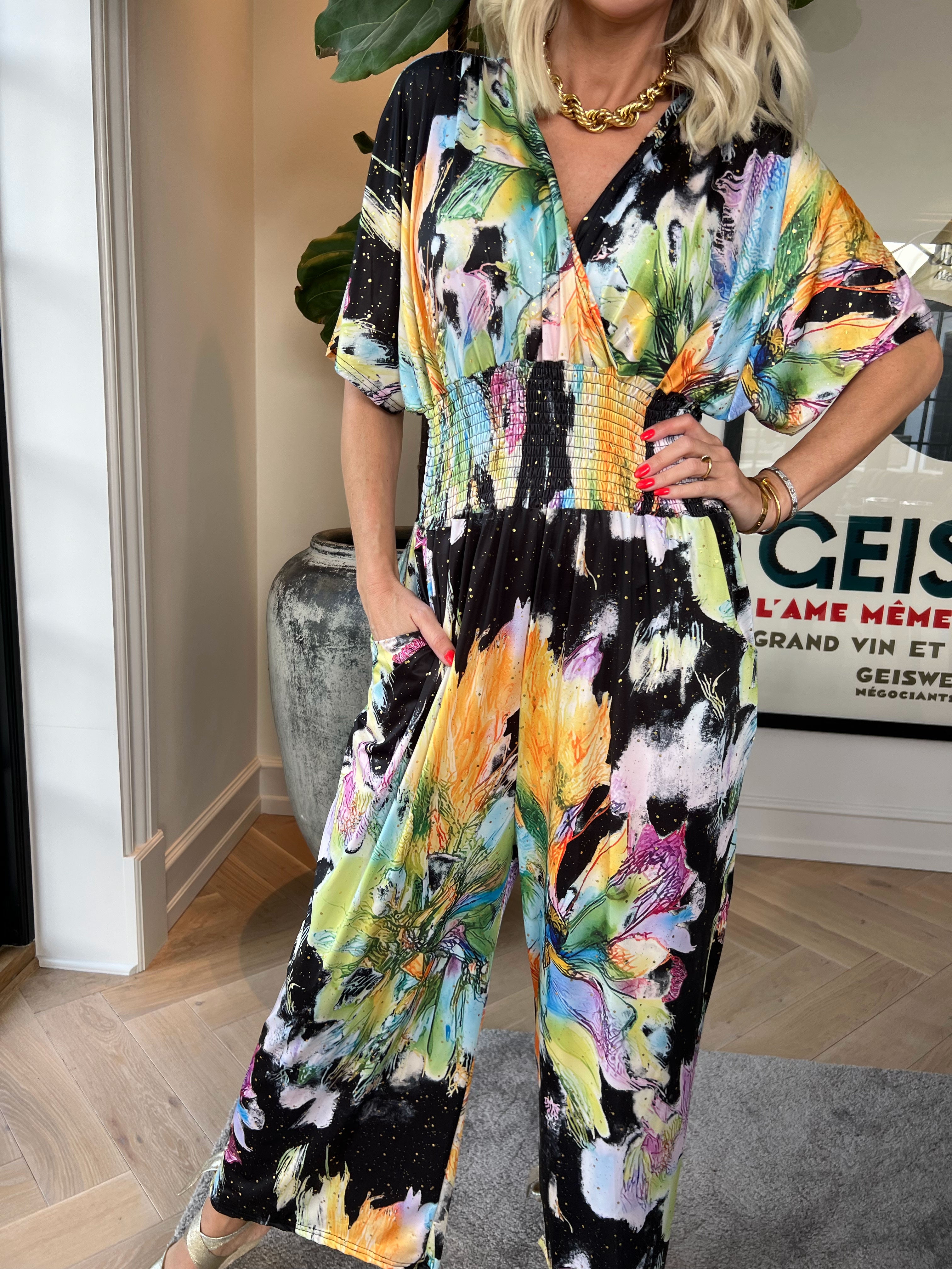Pams Print Jumpsuit - Elastisk mønstret buksedragt med guld støv