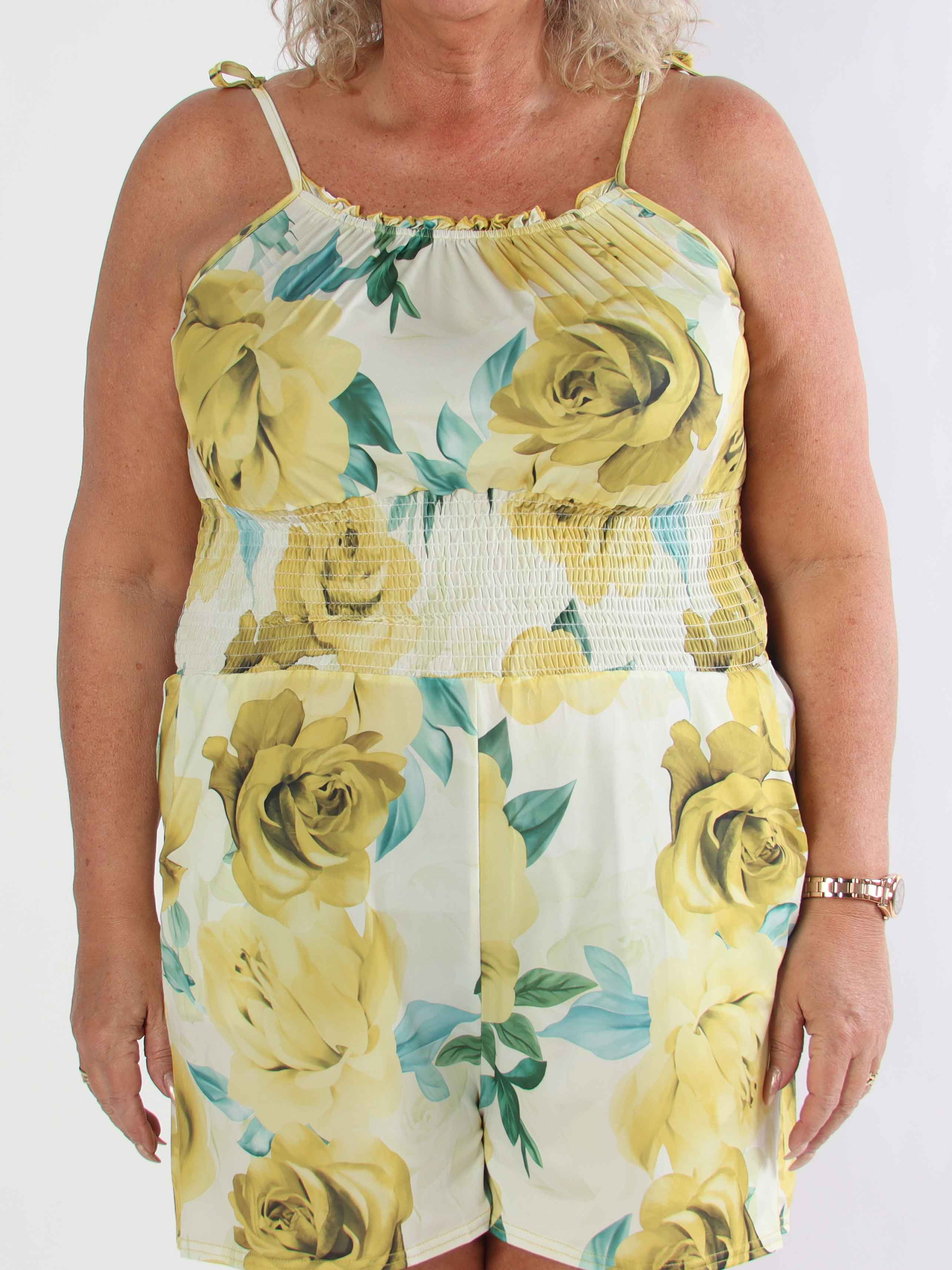 Lyra - Elastisk plus size buksedragt med smock i taljen