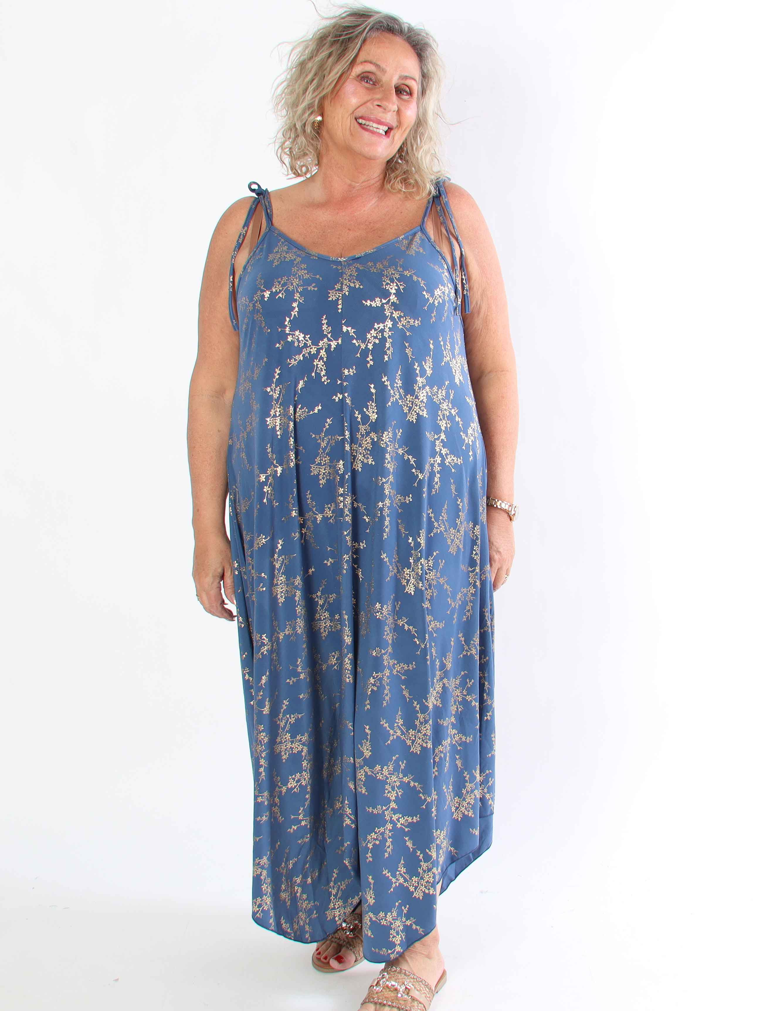 Maisie Gold - Plus size stropkjole i elastisk stof med guld print