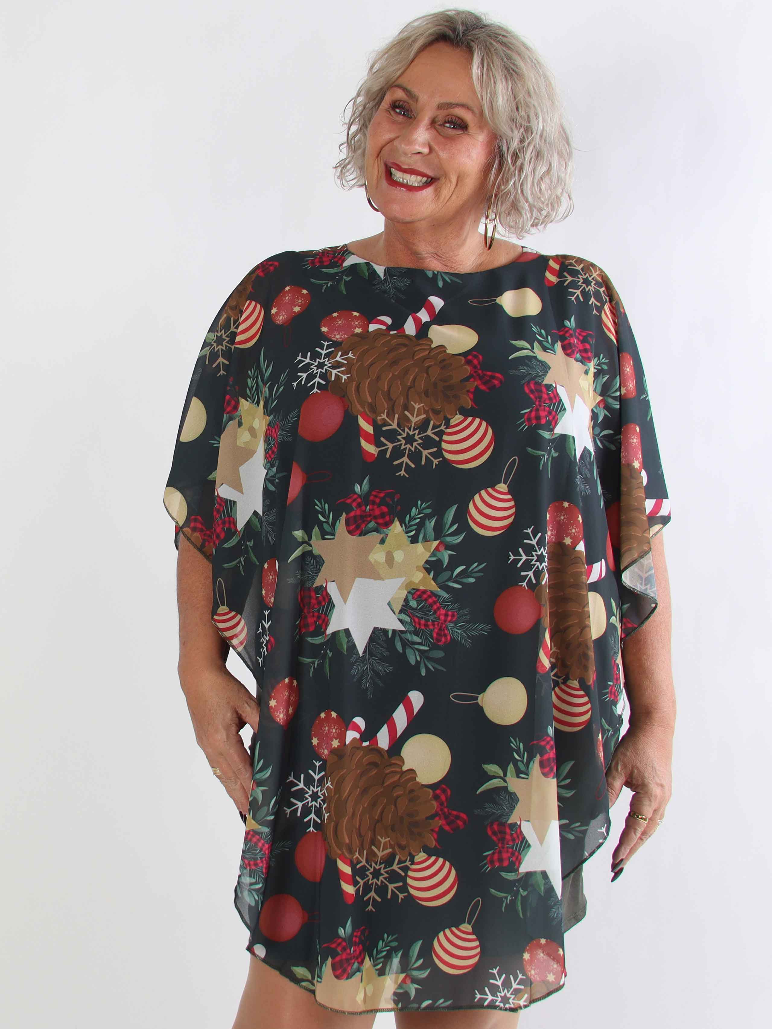 Kenya Pinecone - Plus size tunikakjole med julemotiver på chiffonlaget