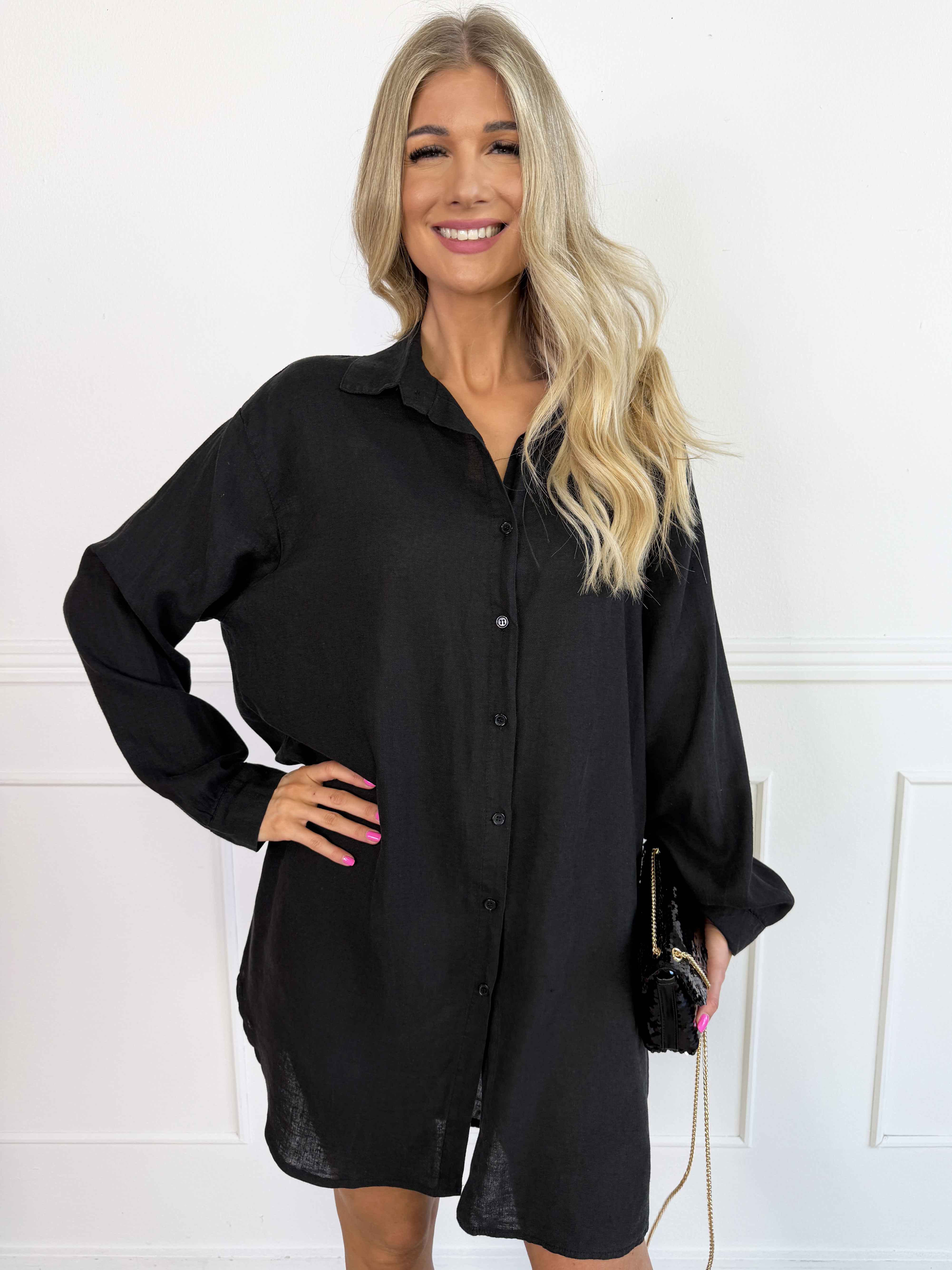 Clara Dress - Ensfarvet skjortekjole i viskose og hør