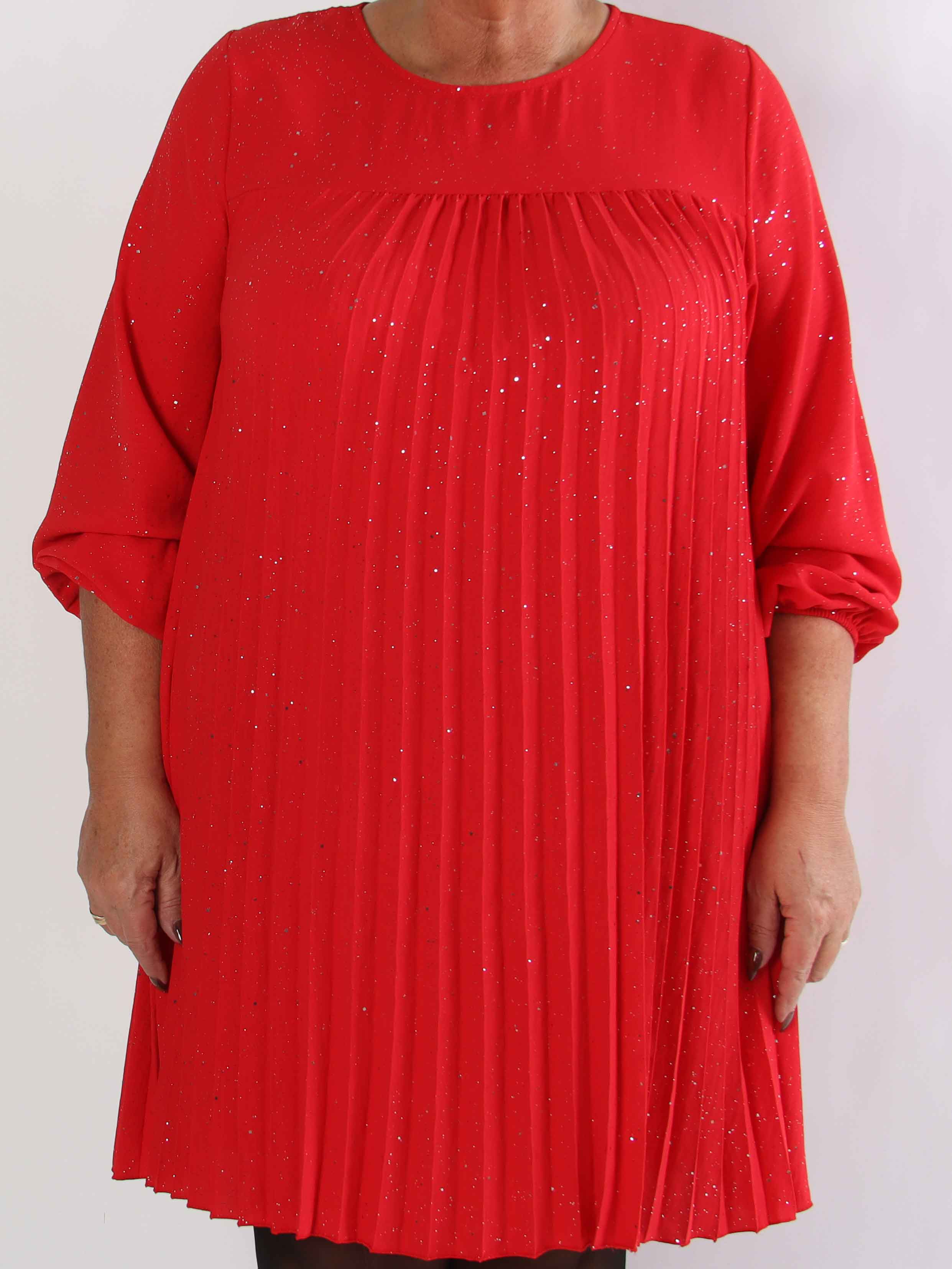 Nancy Glitter Short L/S - Plisseret plus size kjole med lommer og glimmer