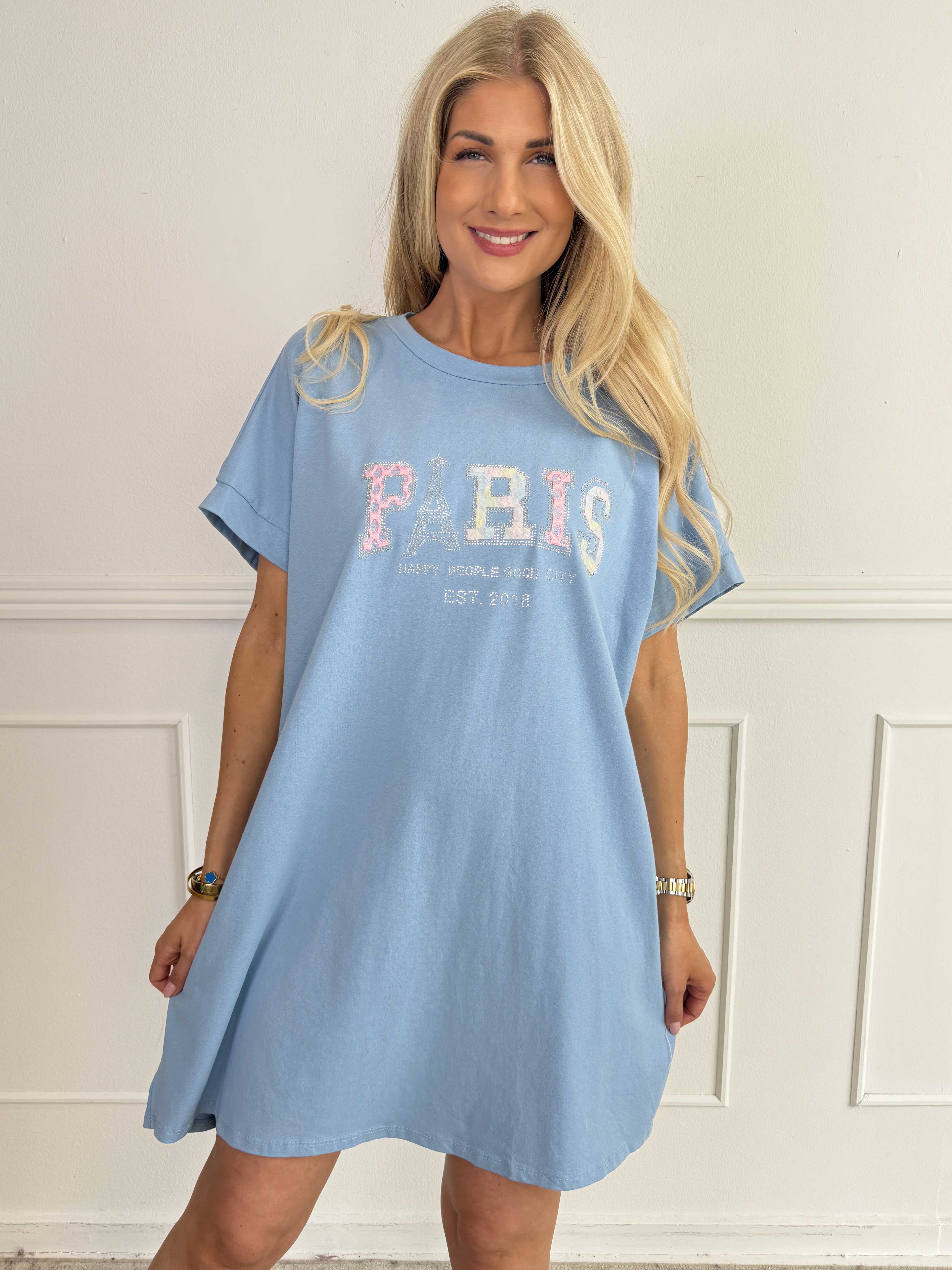 Milla - Plus size t-shirtkjole i bomuld med Paris stående med similisten