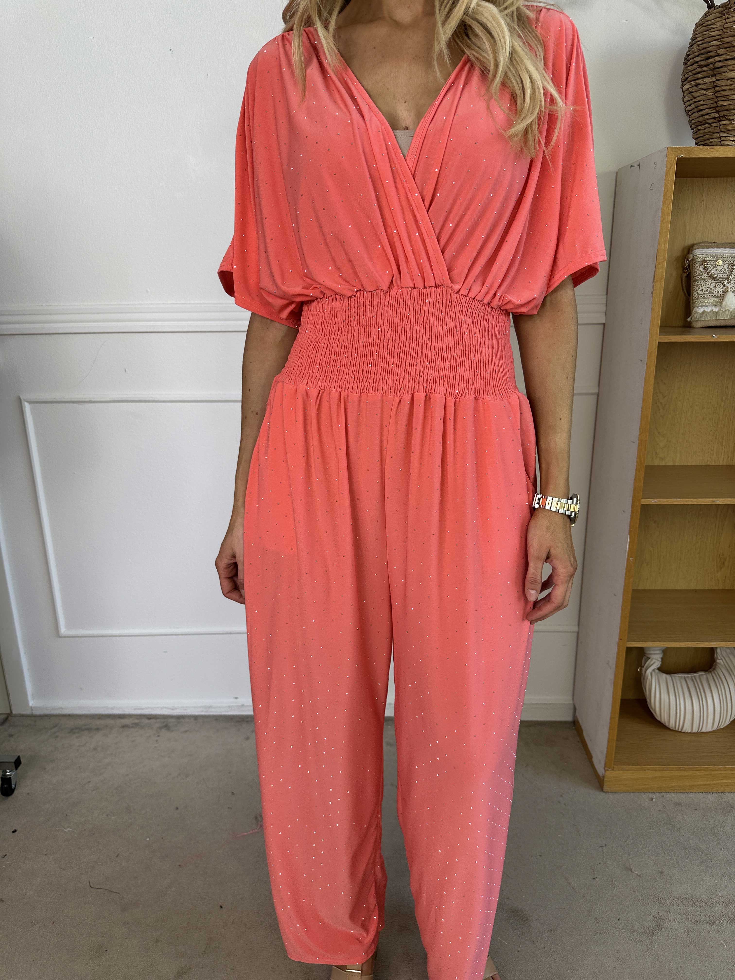 Pams Crystal Jumpsuit - Elastisk buksedragt pyntet med similisten