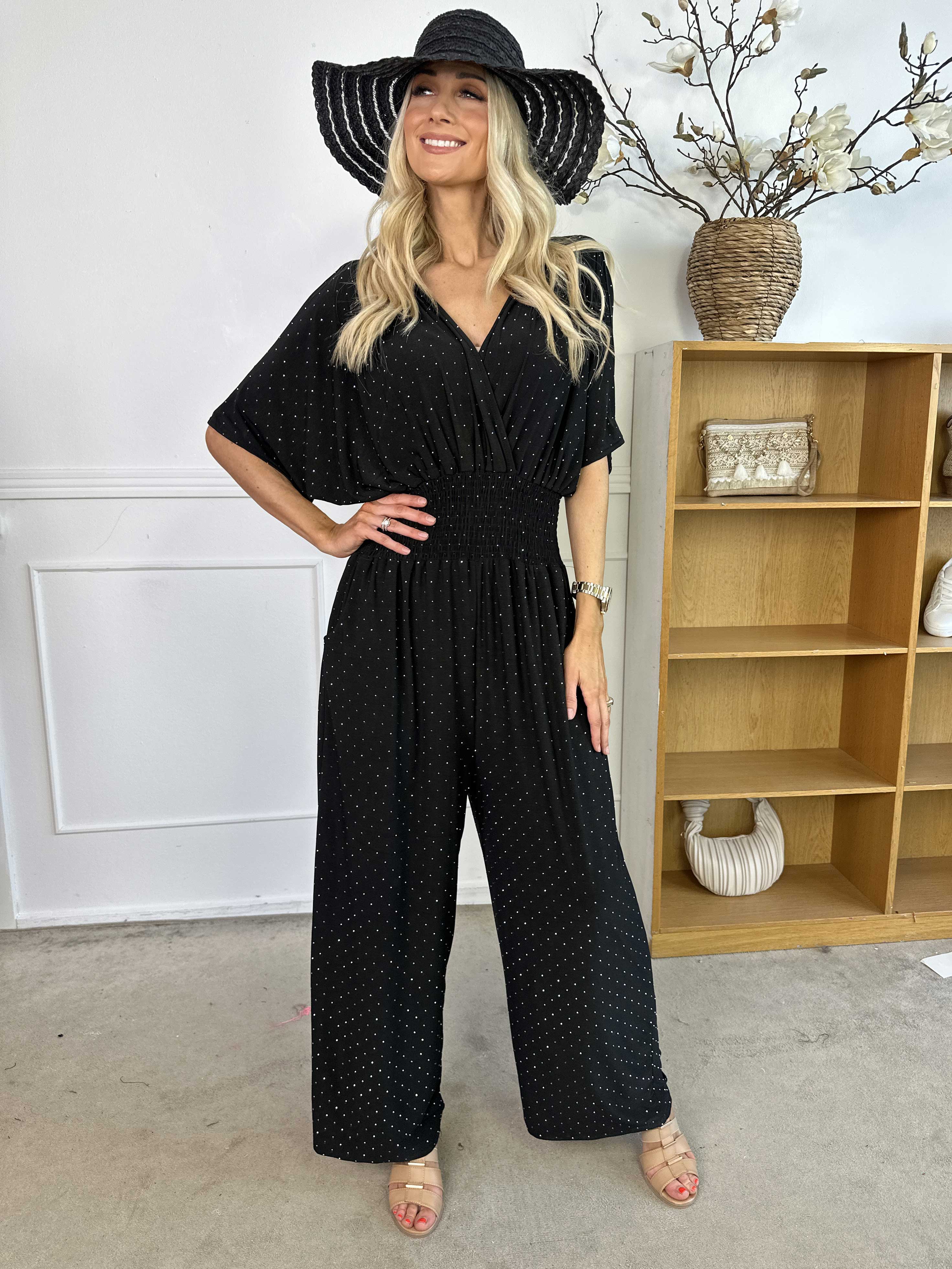 Pams Crystal Jumpsuit - Elastisk buksedragt pyntet med similisten