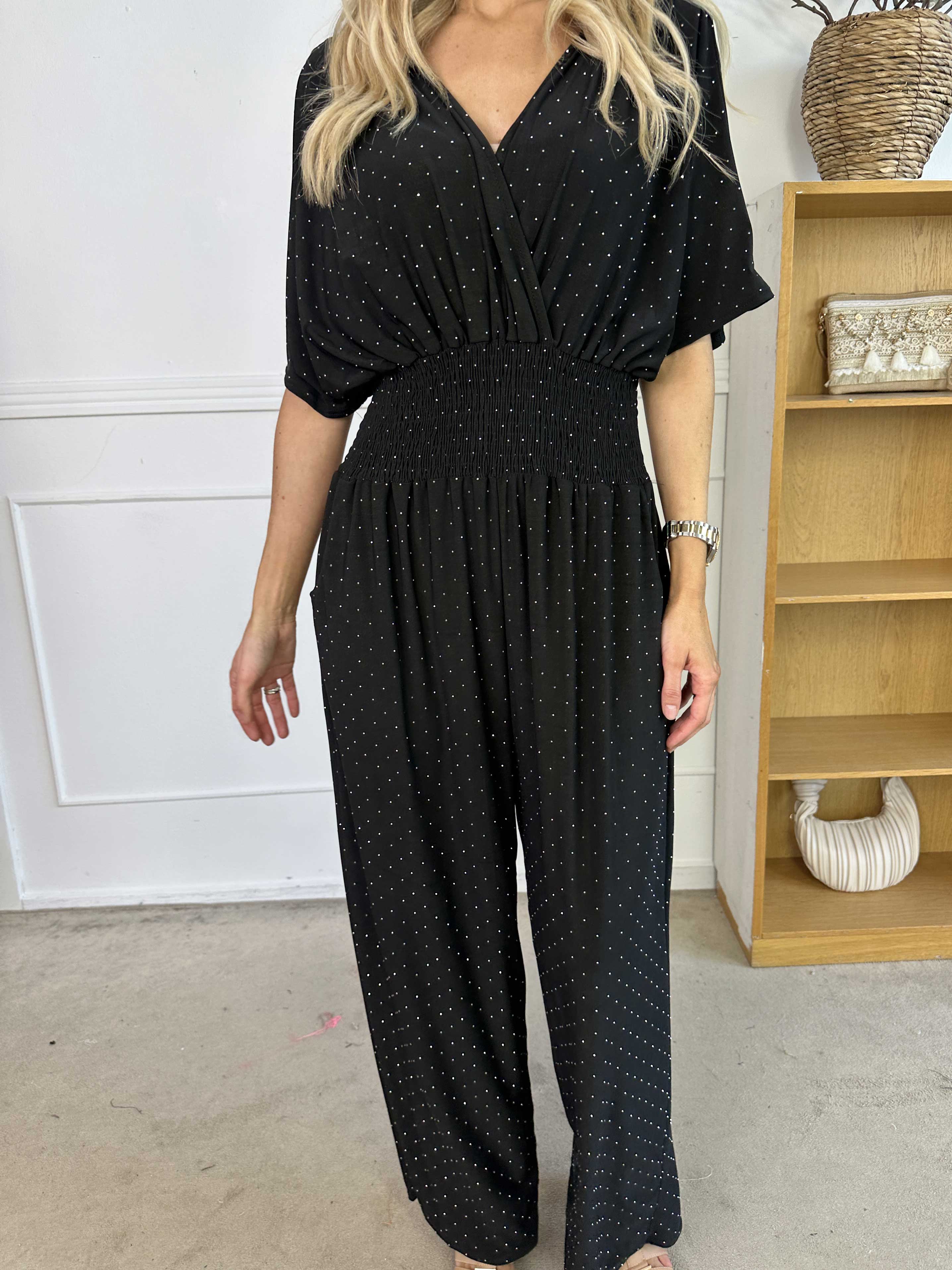 Pams Crystal Jumpsuit - Elastisk buksedragt pyntet med similisten
