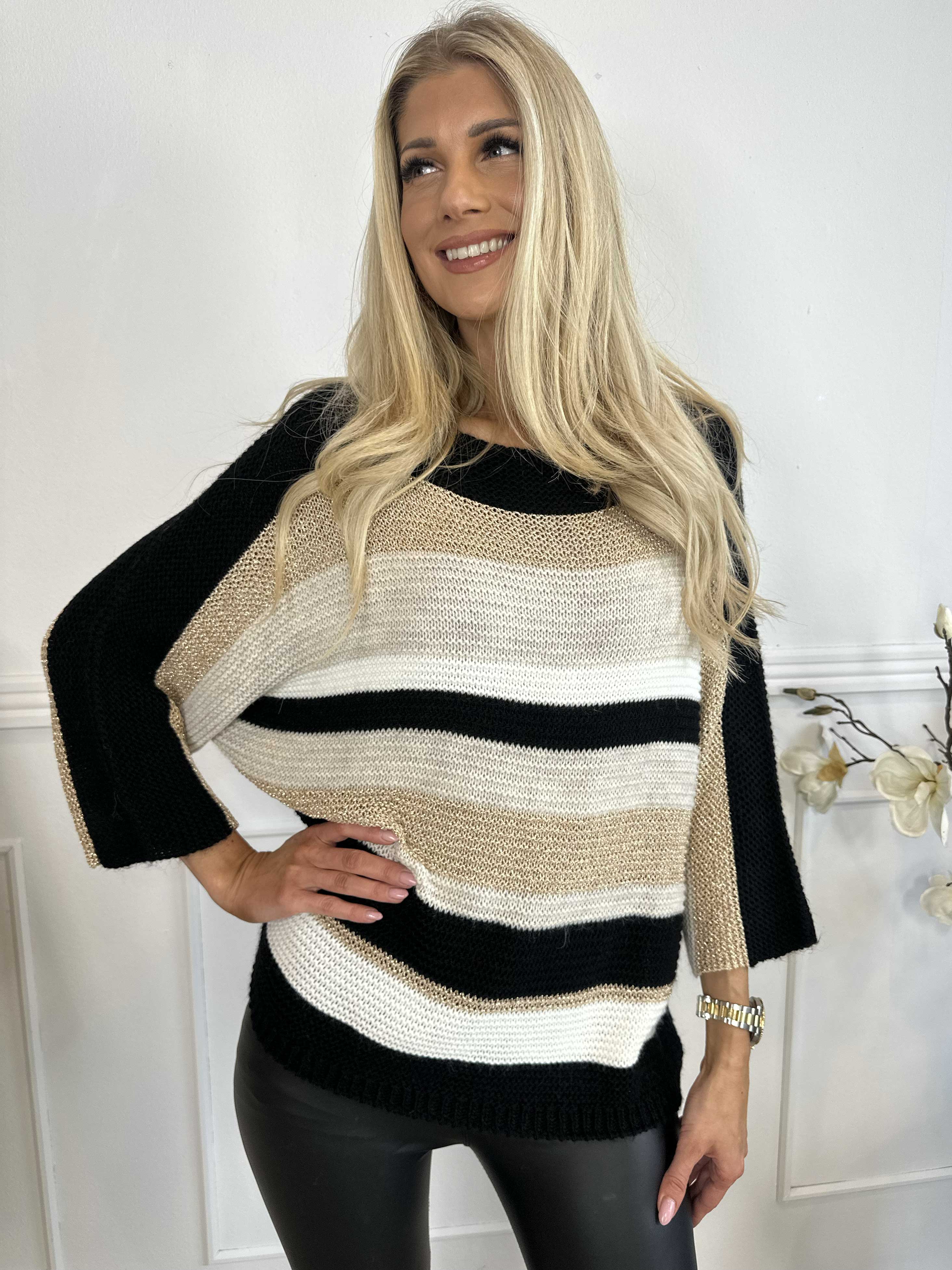 Nina - Strikbluse med uld og guld striber