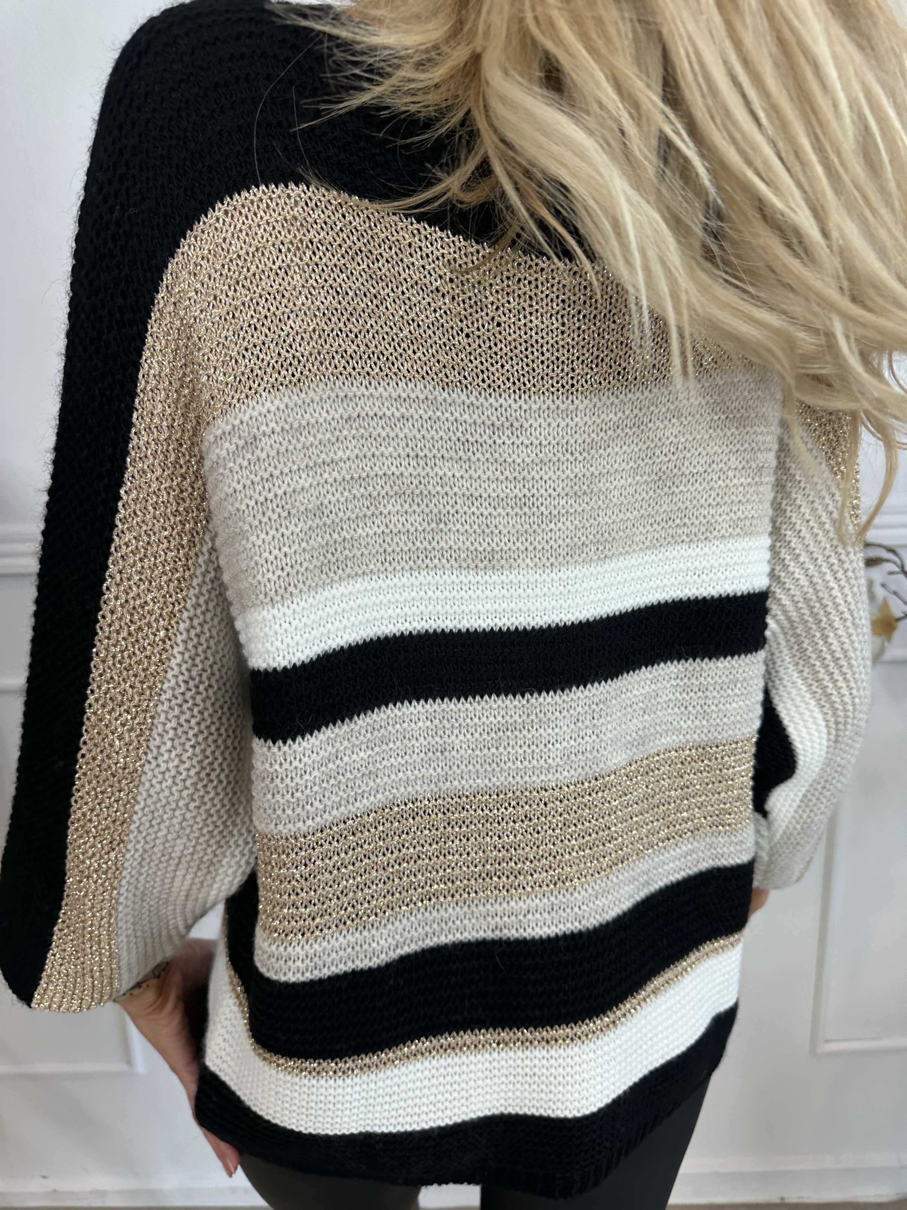 Nina - Strikbluse med uld og guld striber