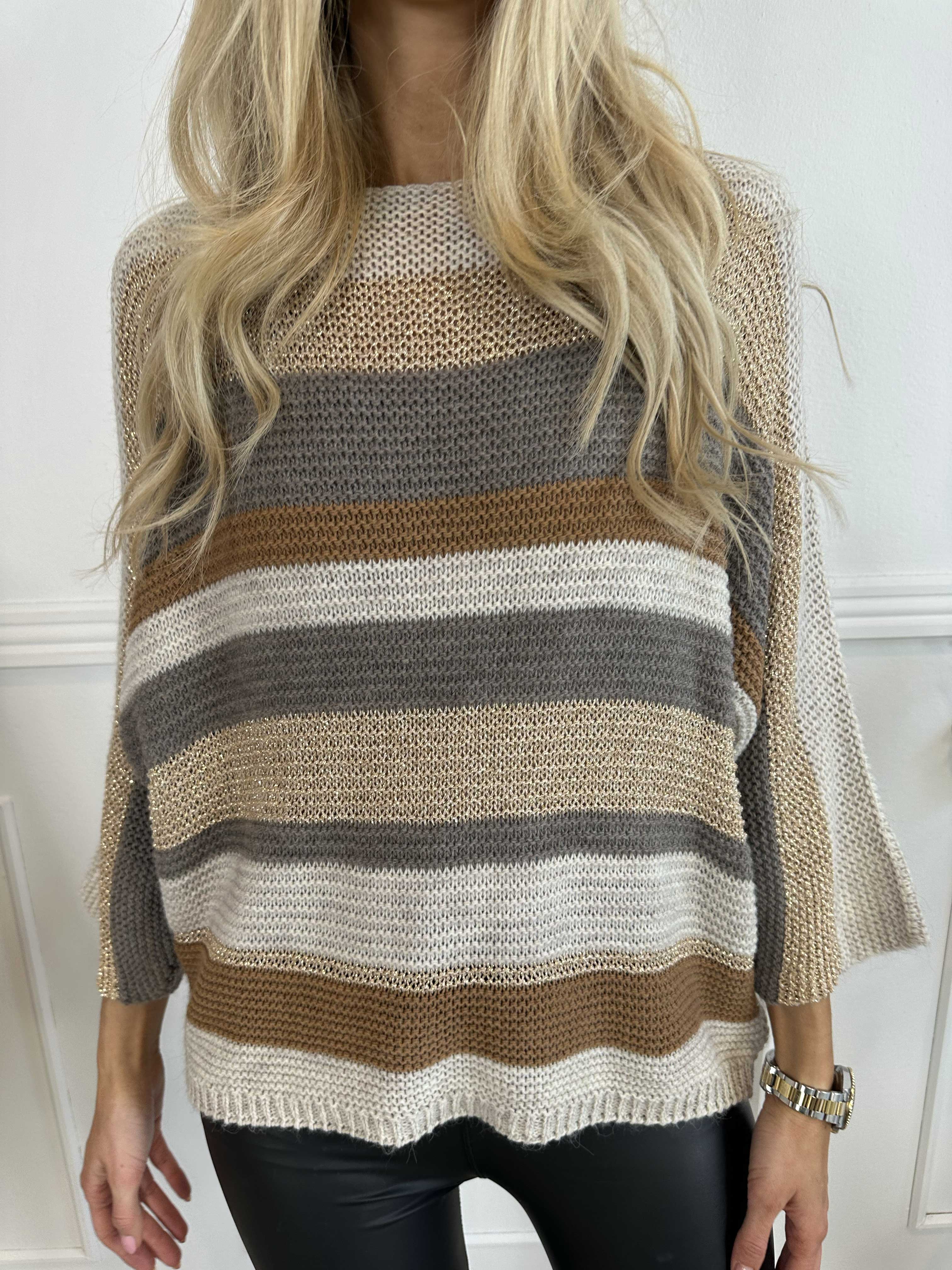 Nina - Strikbluse med uld og guld striber