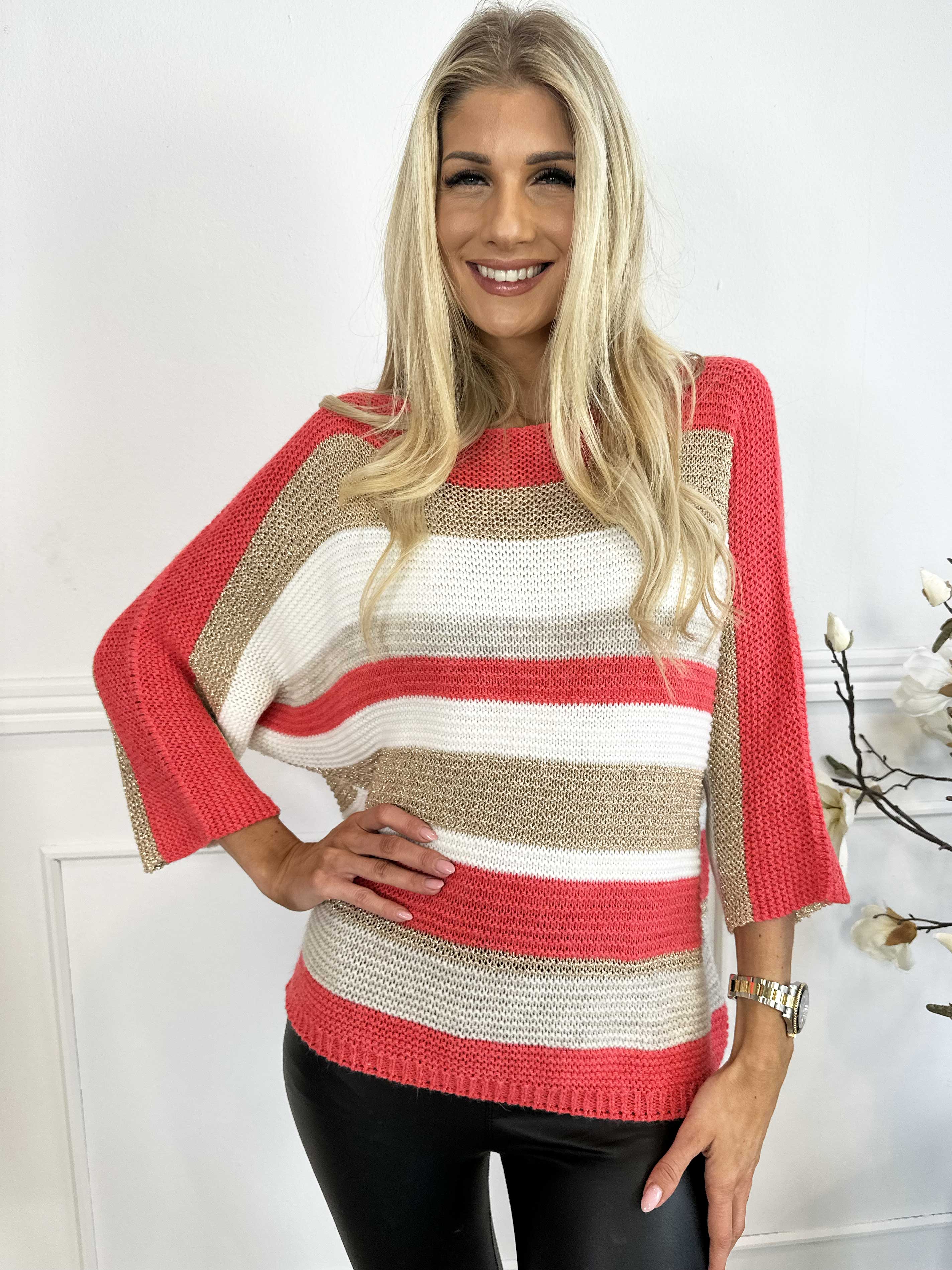 Nina - Strikbluse med uld og guld striber