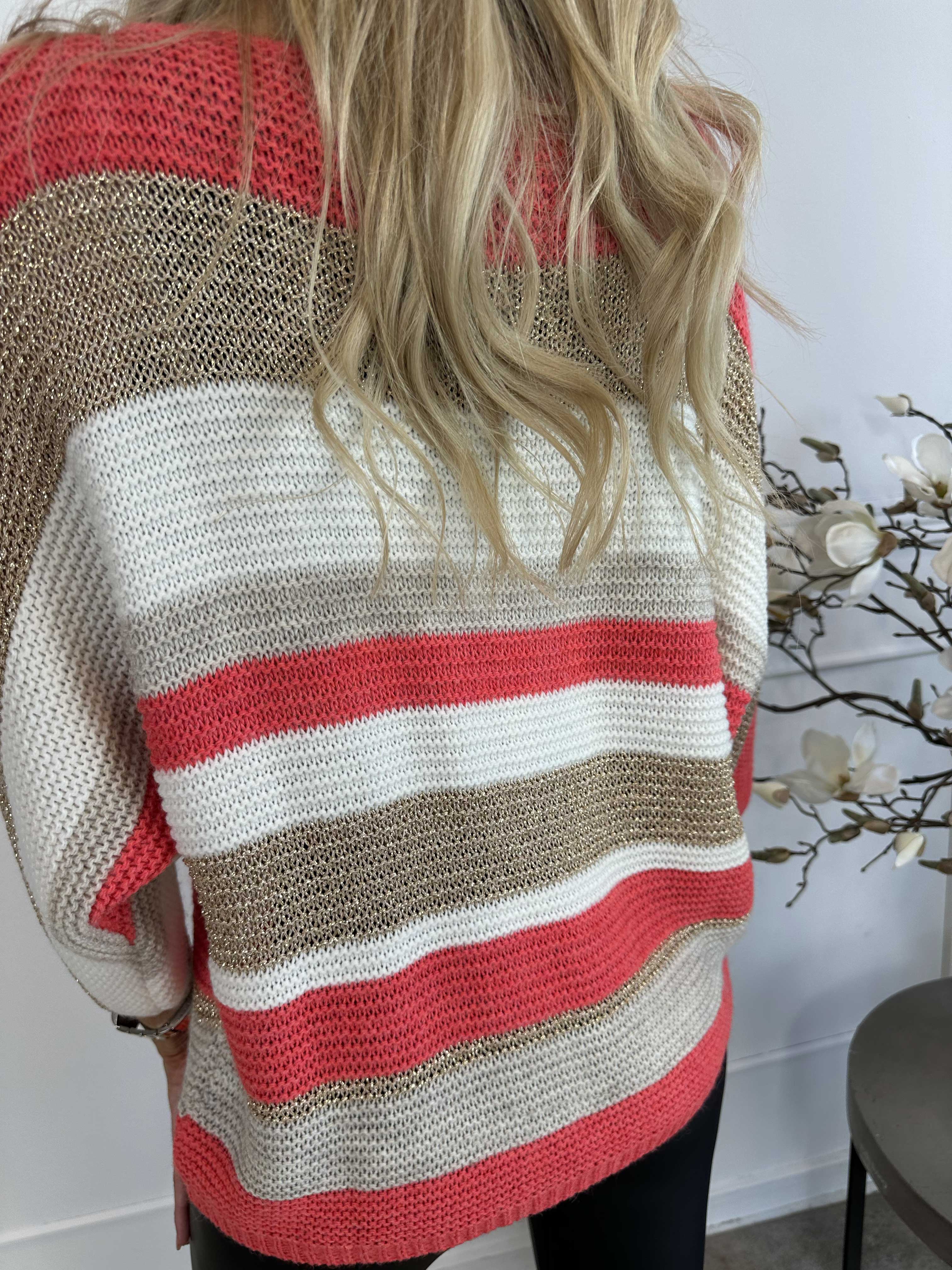 Nina - Strikbluse med uld og guld striber