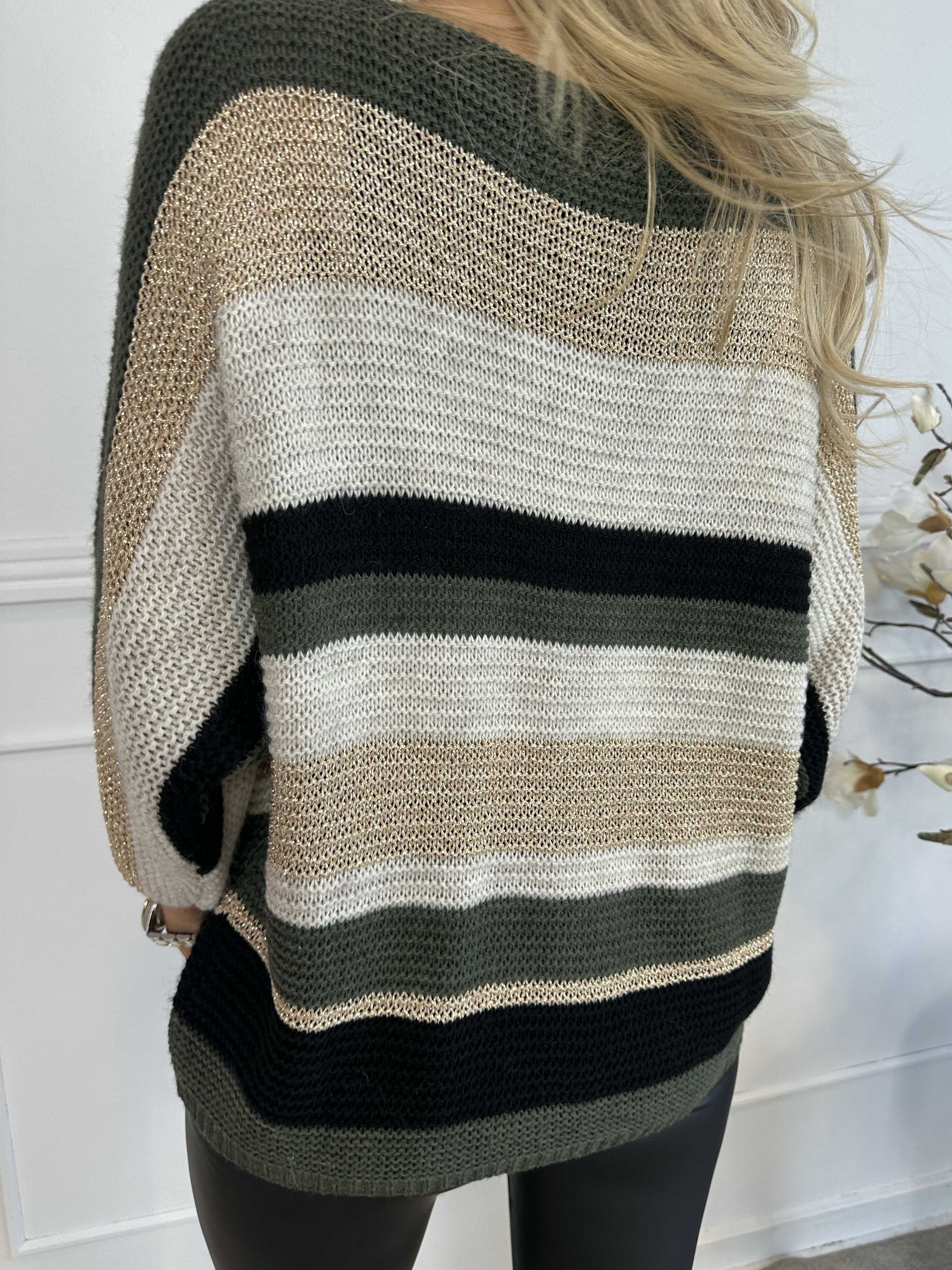 Nina - Strikbluse med uld og guld striber