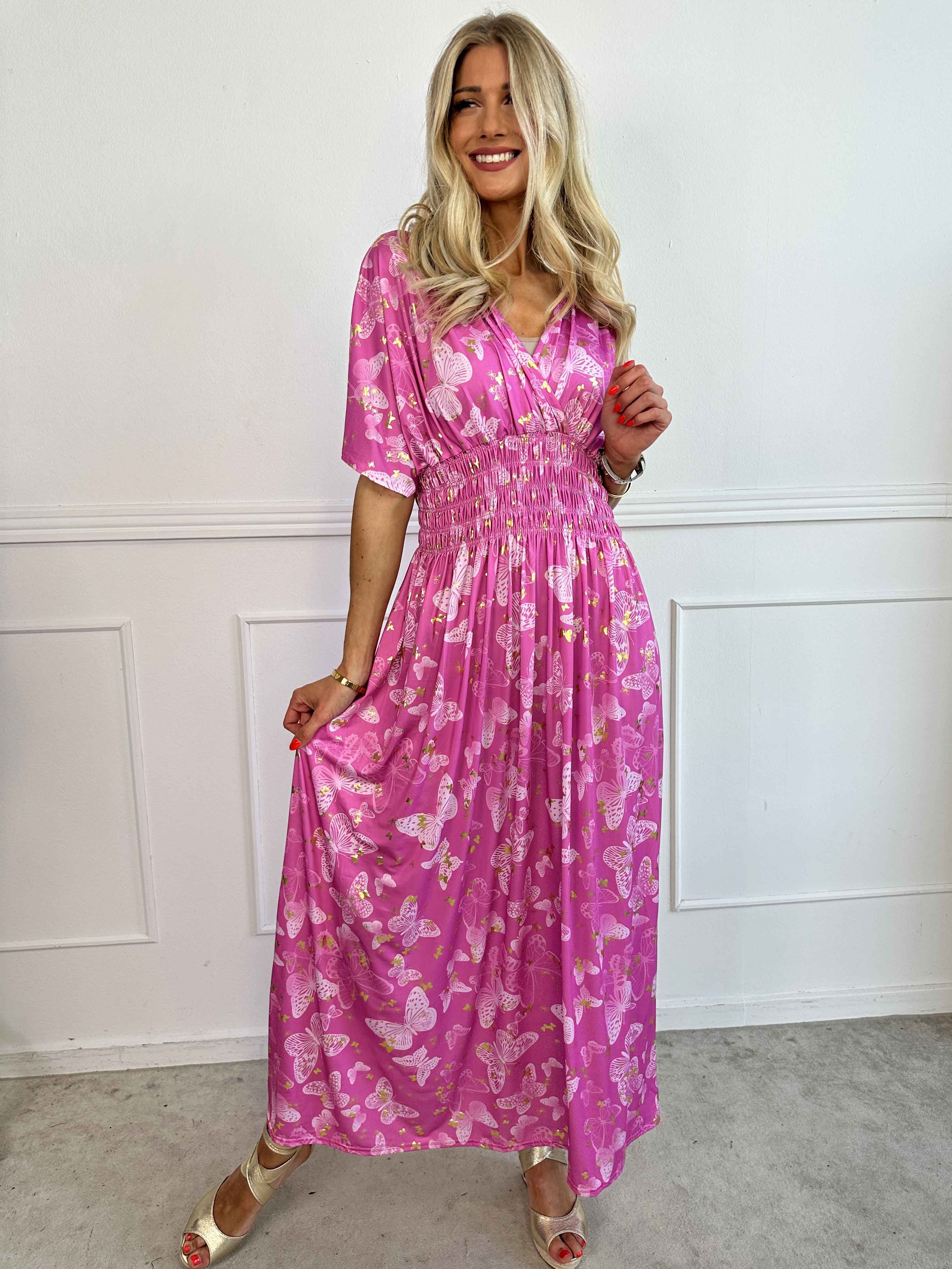 Pams Butterfly - Lang elastisk kjole med smock i livet