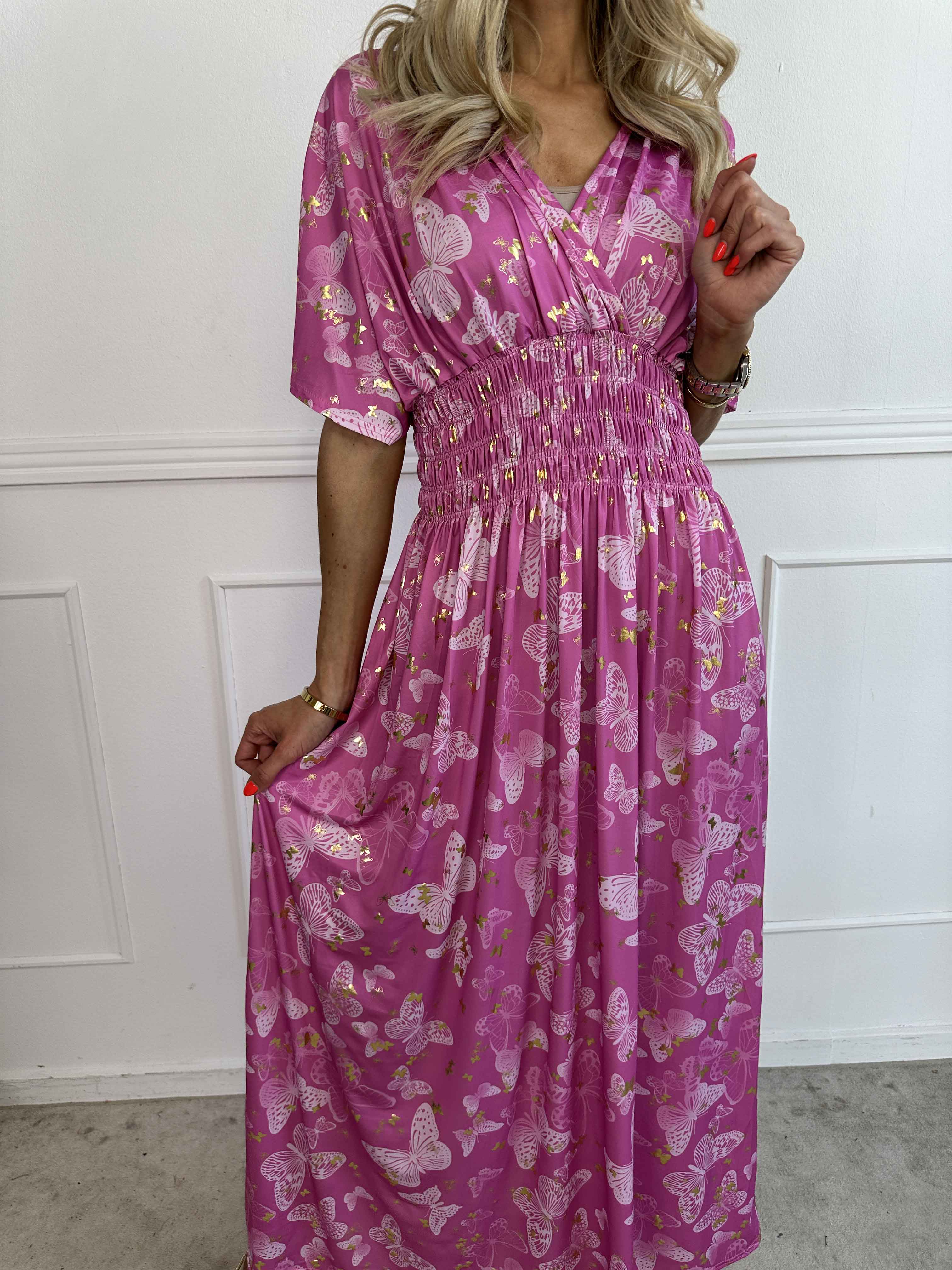 Pams Butterfly - Lang elastisk kjole med smock i livet