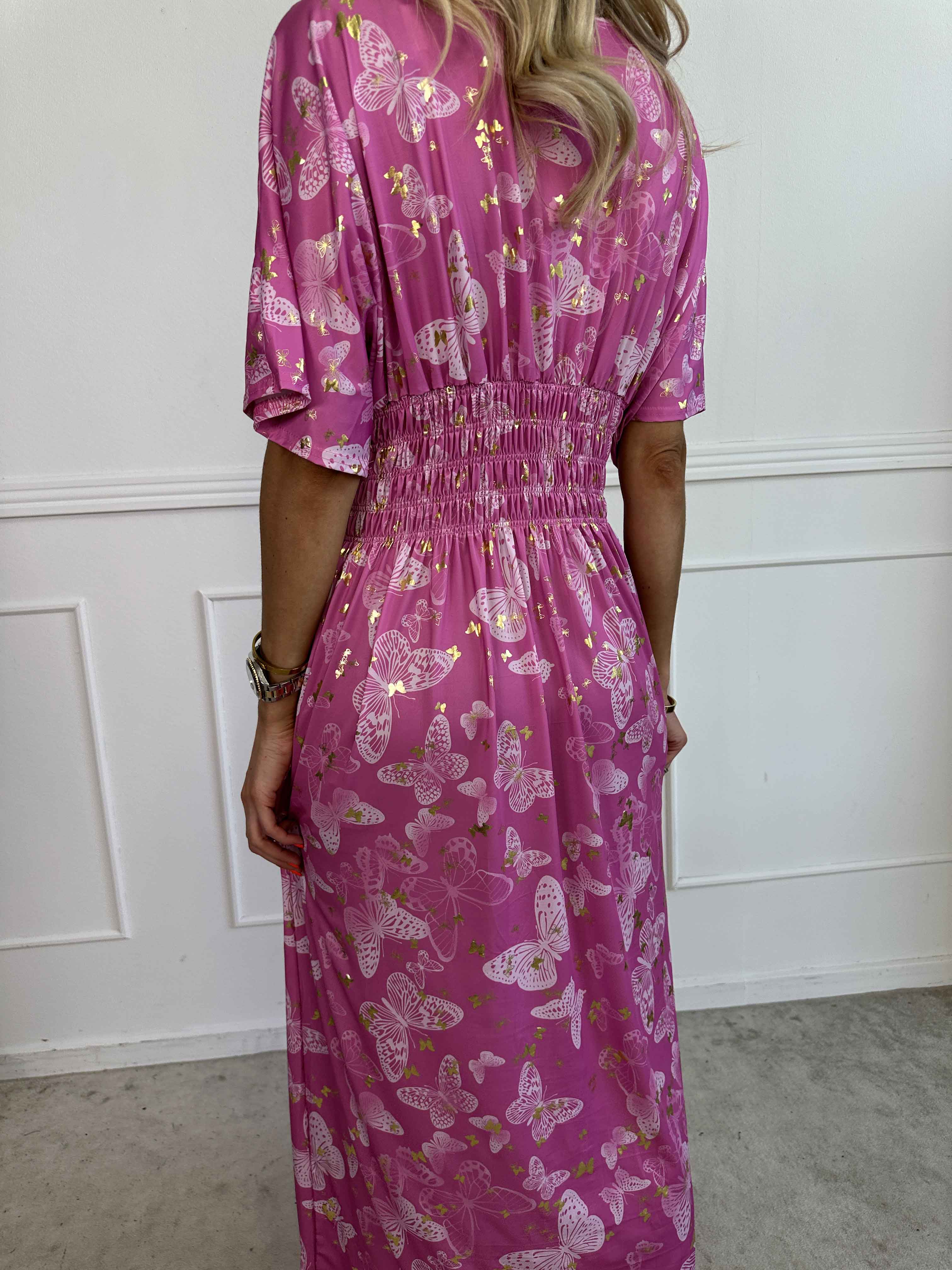 Pams Butterfly - Lang elastisk kjole med smock i livet