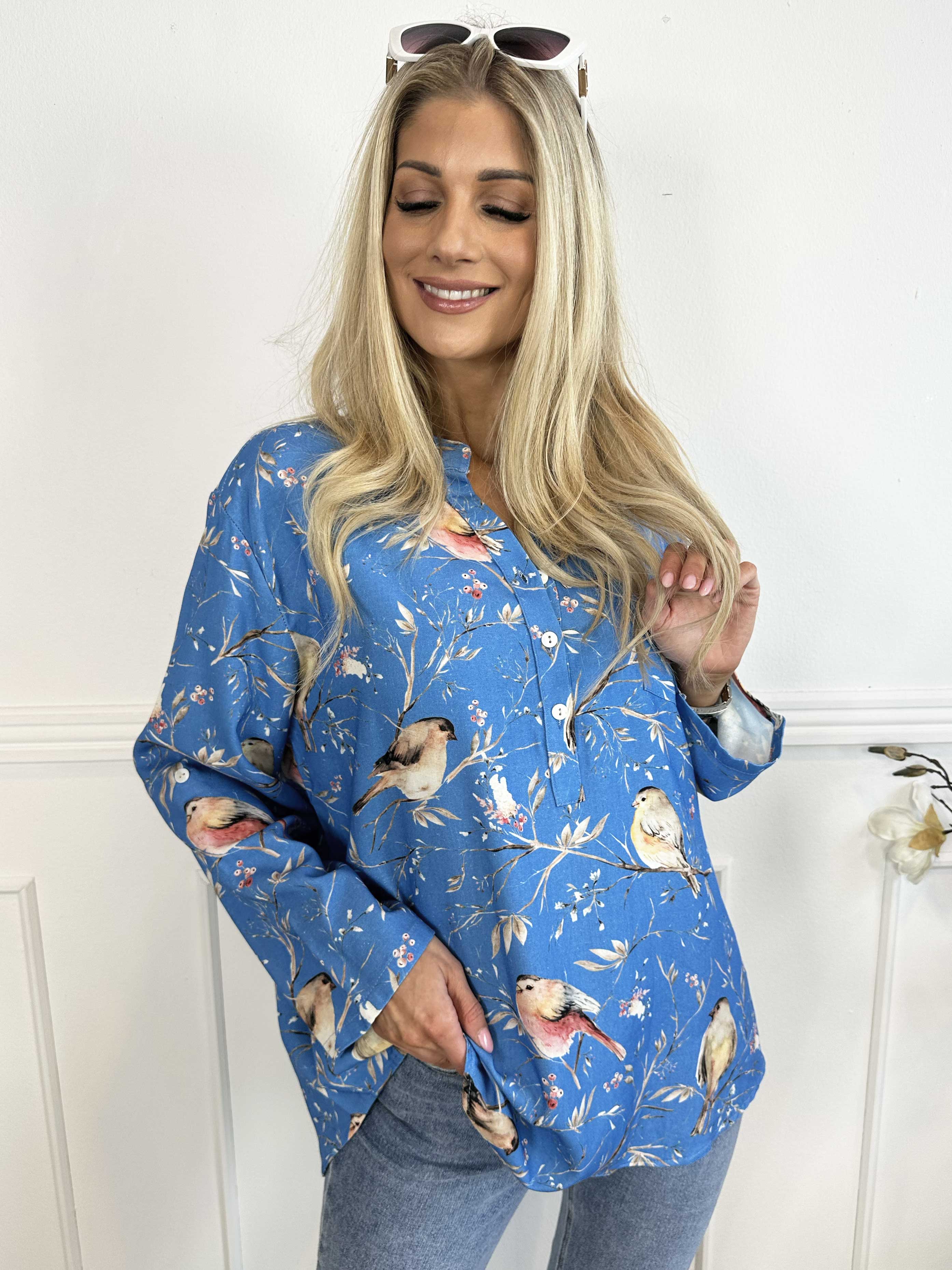 Carmen - Skjorte med fugle lavet i hør og bomuld